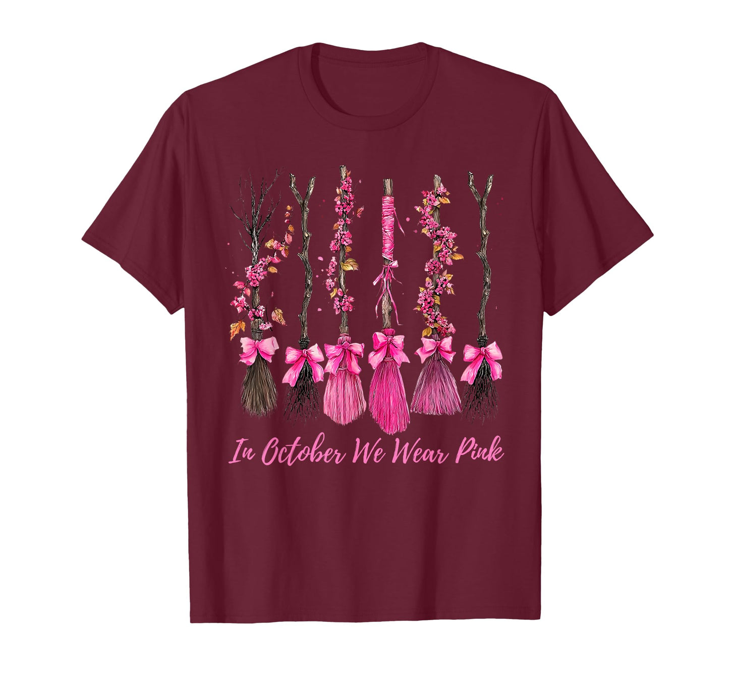 in October We Wear Pink Witch Broom Breast Cancer Halloween T-Shirt
