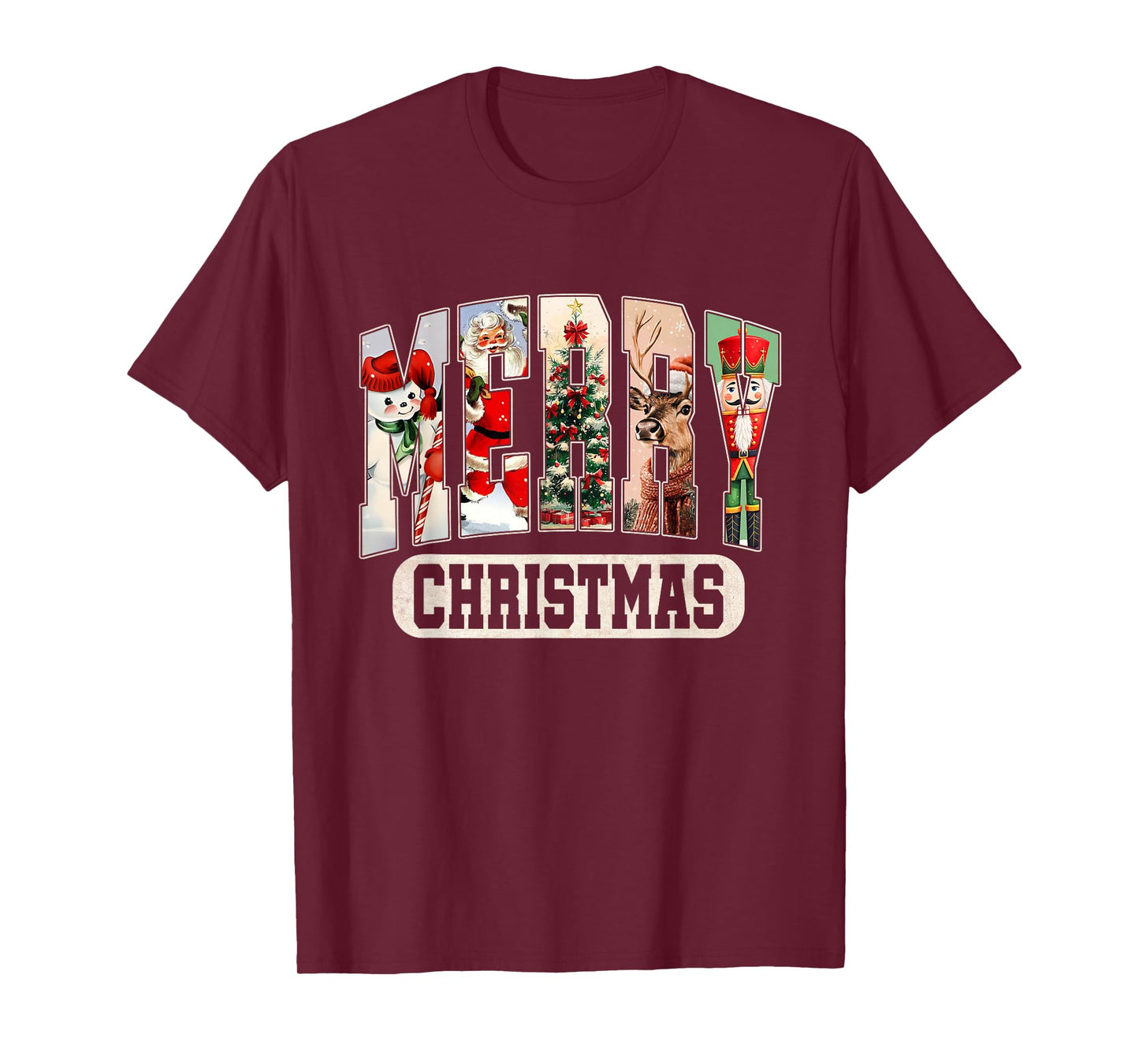 Retro Christmas Vintage Santa Reindeer Tree Snowman T-Shirt