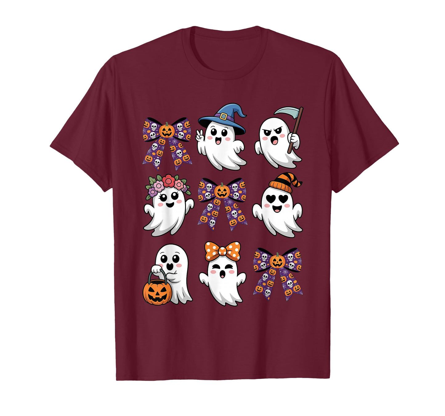 Cute Halloween Ghost Faces Pumpkin Bow Kawaii Trick or Treat T-Shirt