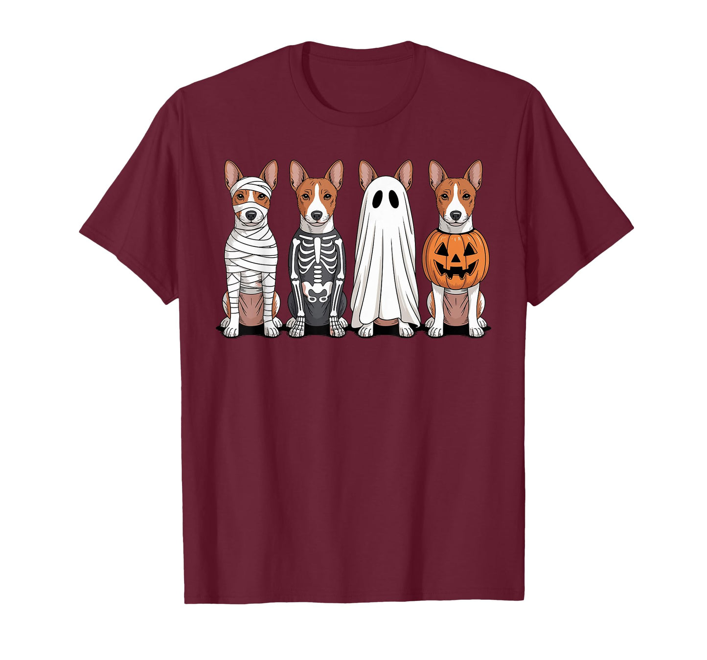Spooky Ghost Basenji Pumpkin Halloween Dog Skeleton T-Shirt