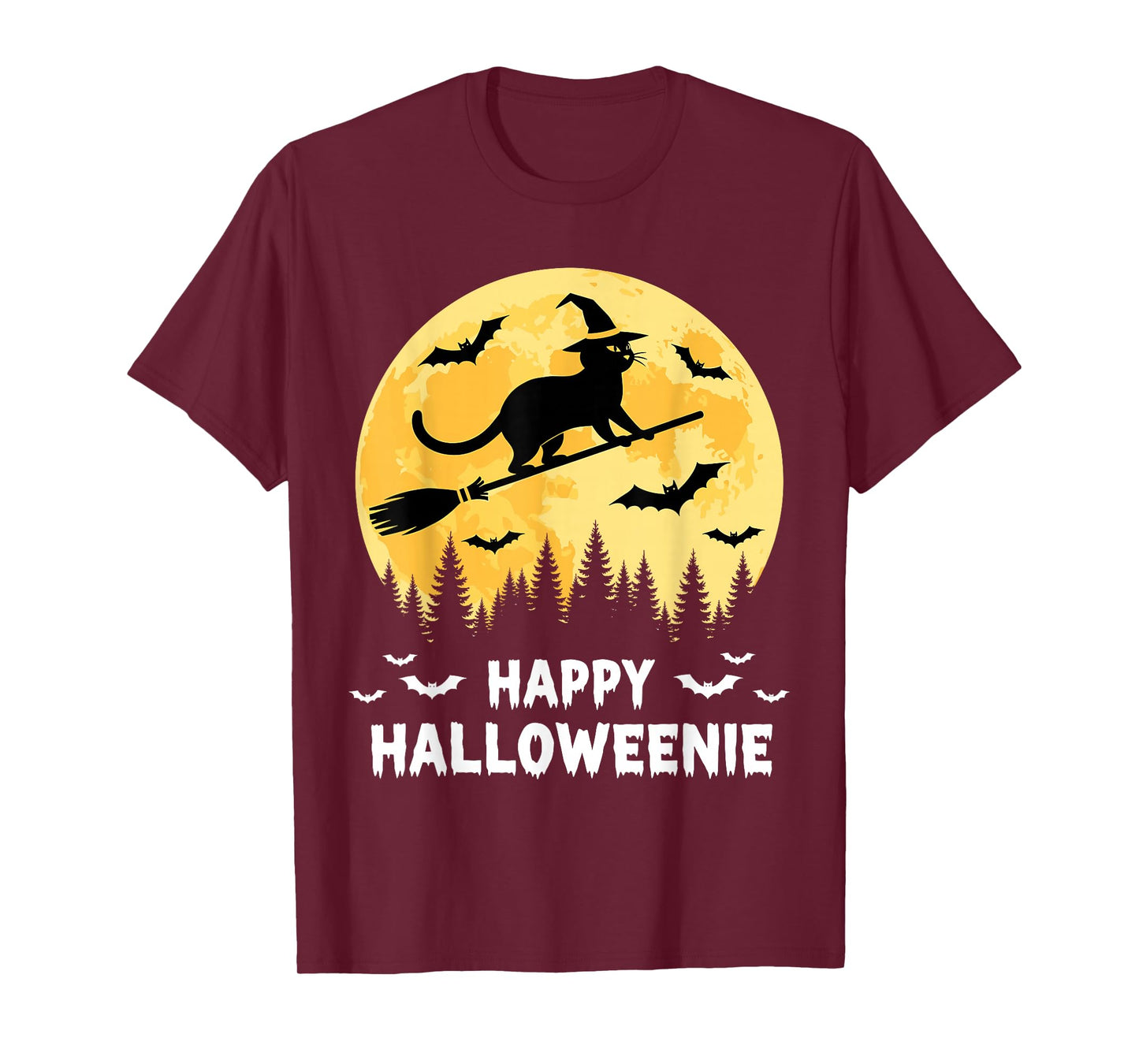 Happy Halloweenie Funny Halloween Cat Flying Witch T-Shirt