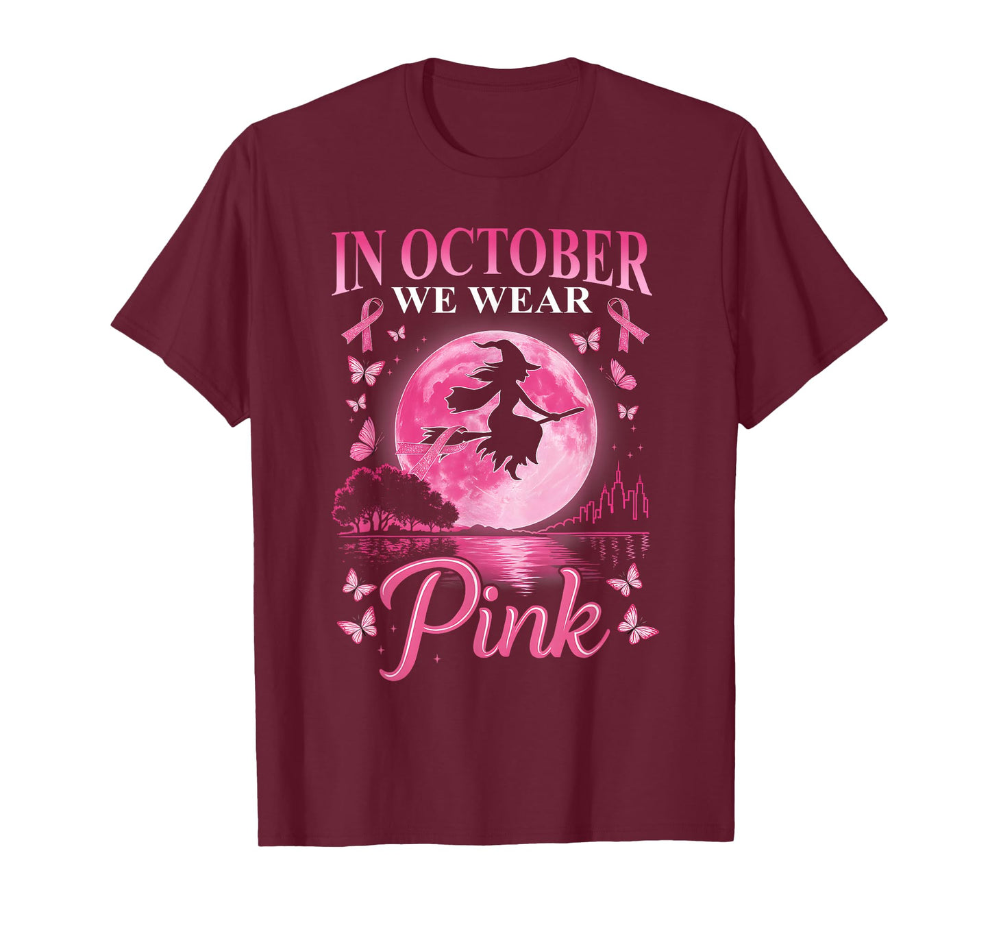 in October We Wear Pink Ribbon Witch Halloween Breast Cancer T-Shirt
