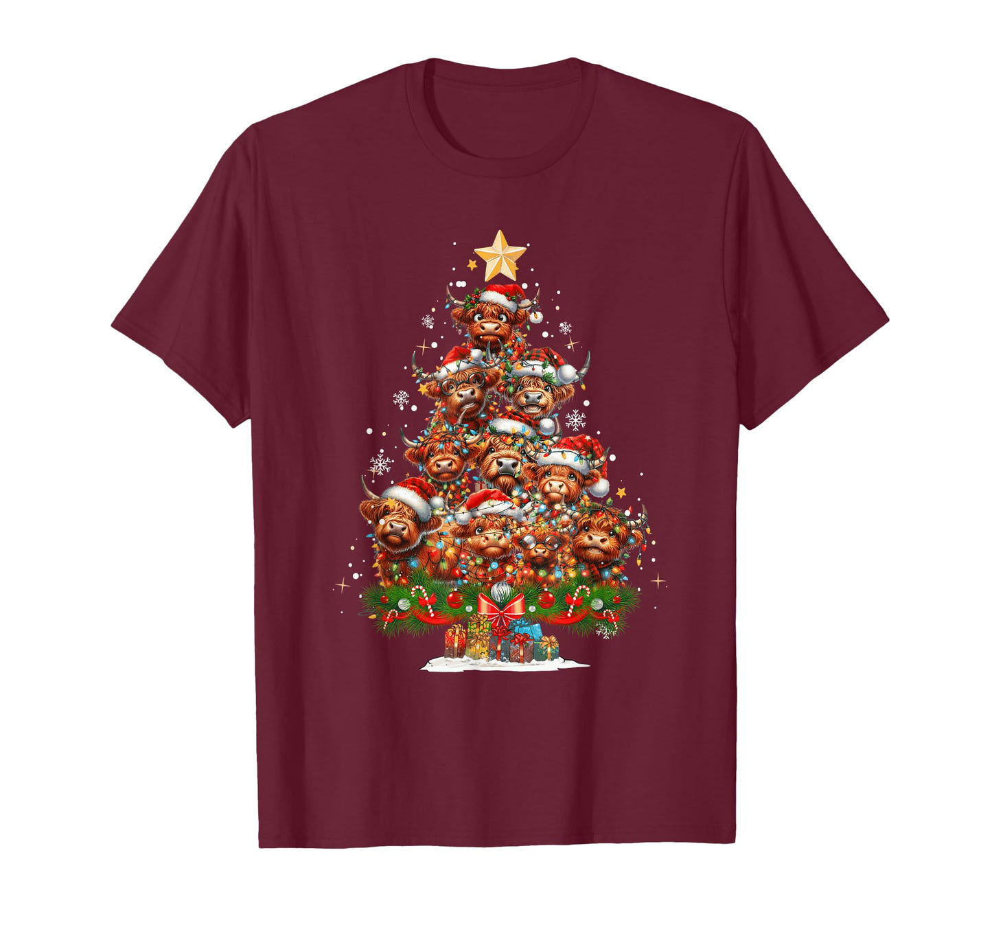 Funny Highland Cow Christmas Tree Light Xmas Funny Cow Lover T-Shirt