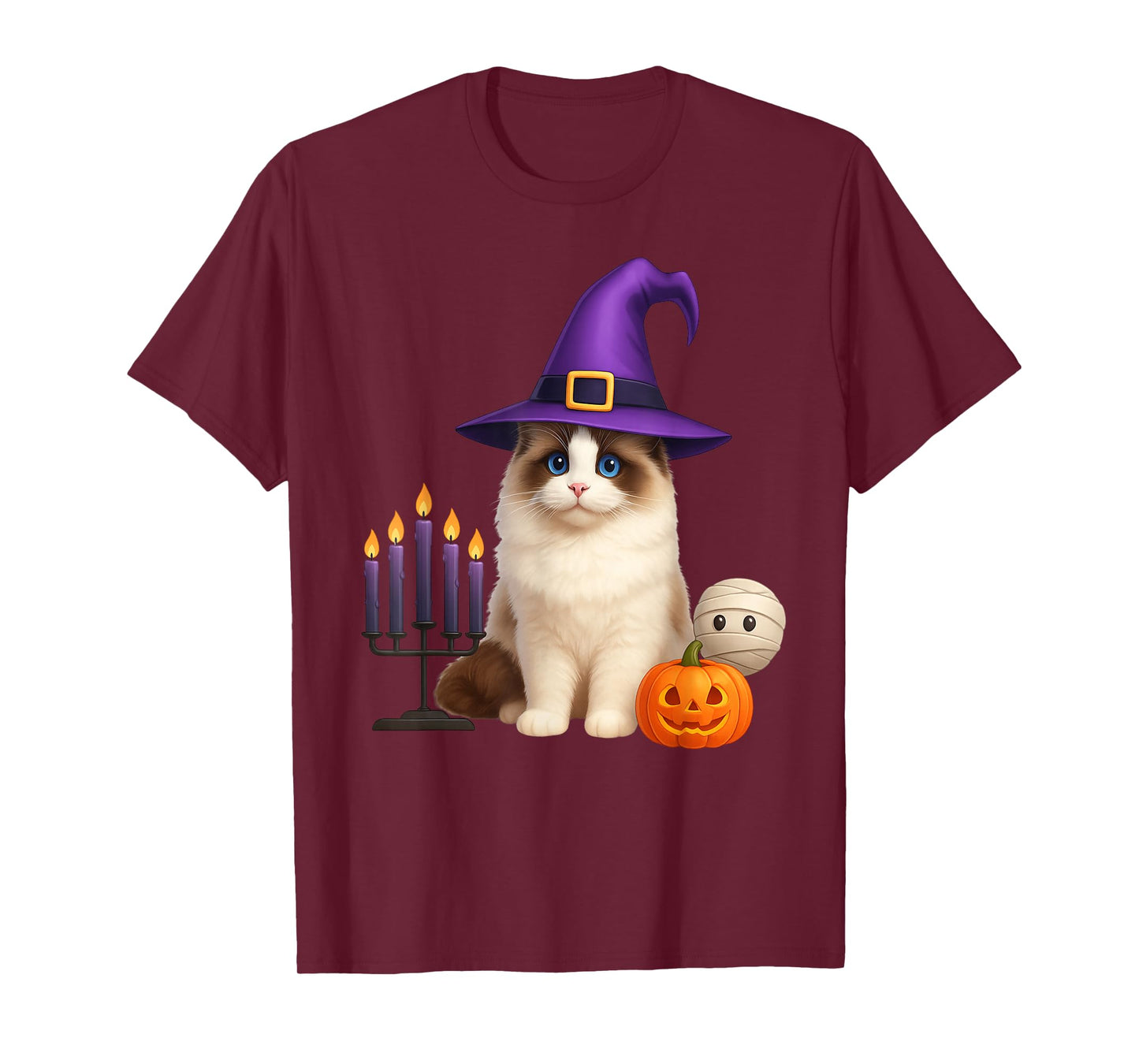Men Women Kids Cute Pumpkin Witch Hat Ragdoll Cat Halloween T-Shirt