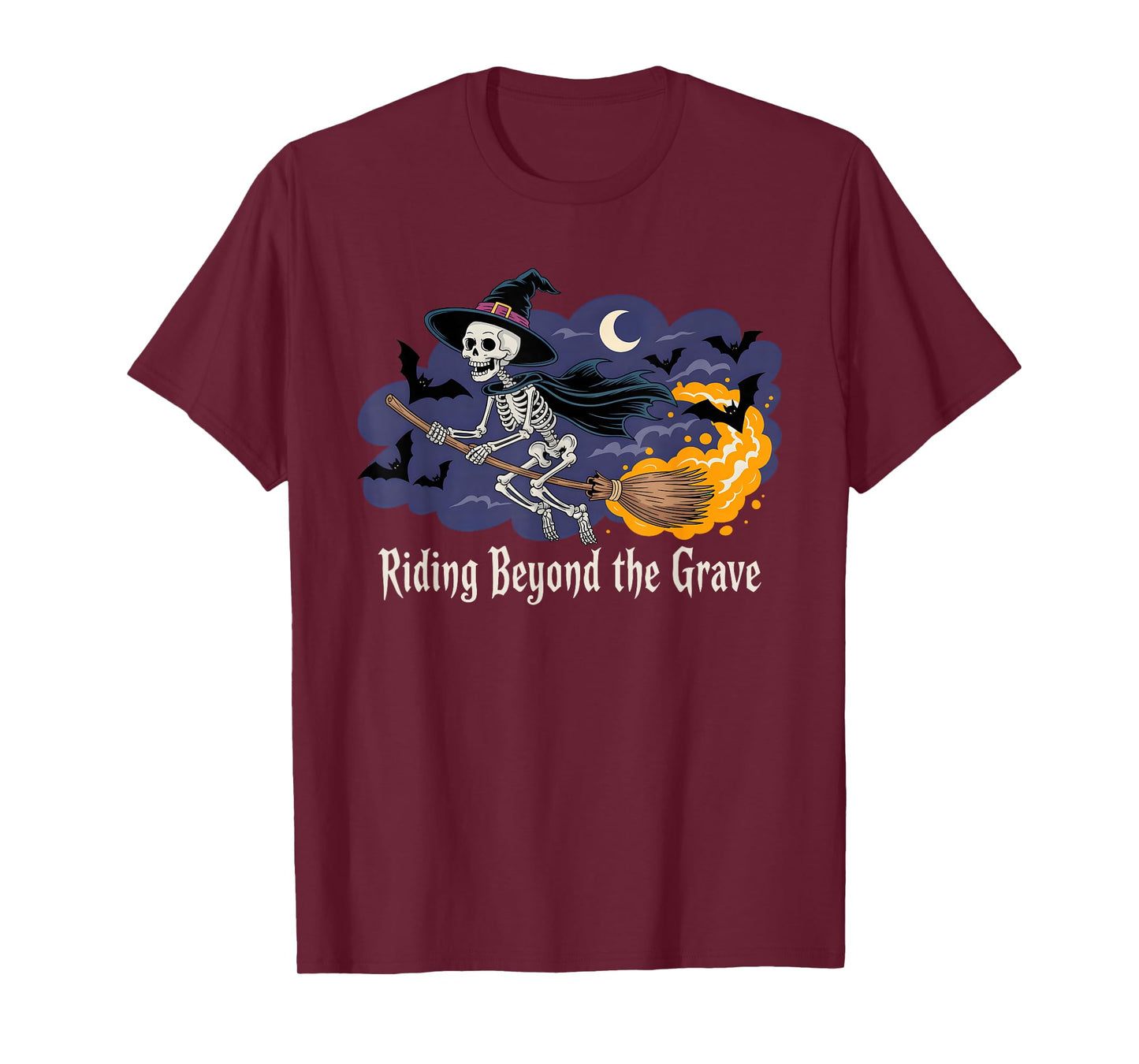 Skeleton Witch Hat Flying Broom Halloween Bats Moon Rider T-Shirt