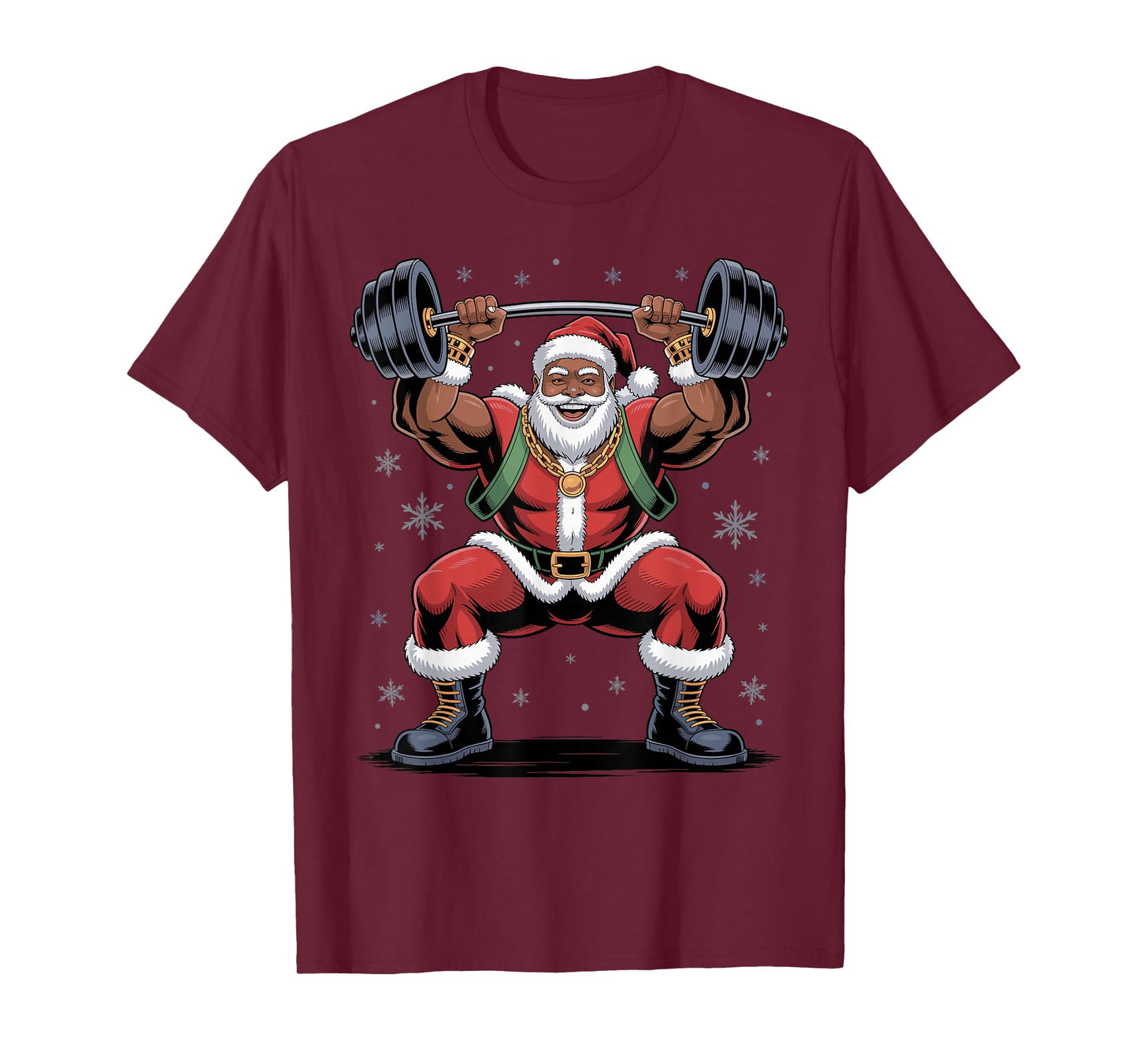 Santa Weightlifting African American Christmas Funny Holiday T-Shirt