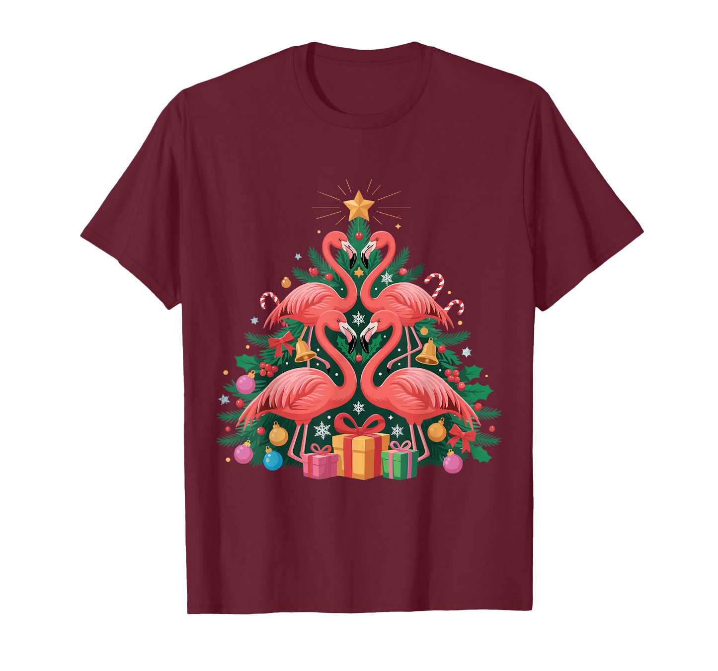 Pink Flamingo Christmas Tree Lights Santa Hat Xmas T-Shirt