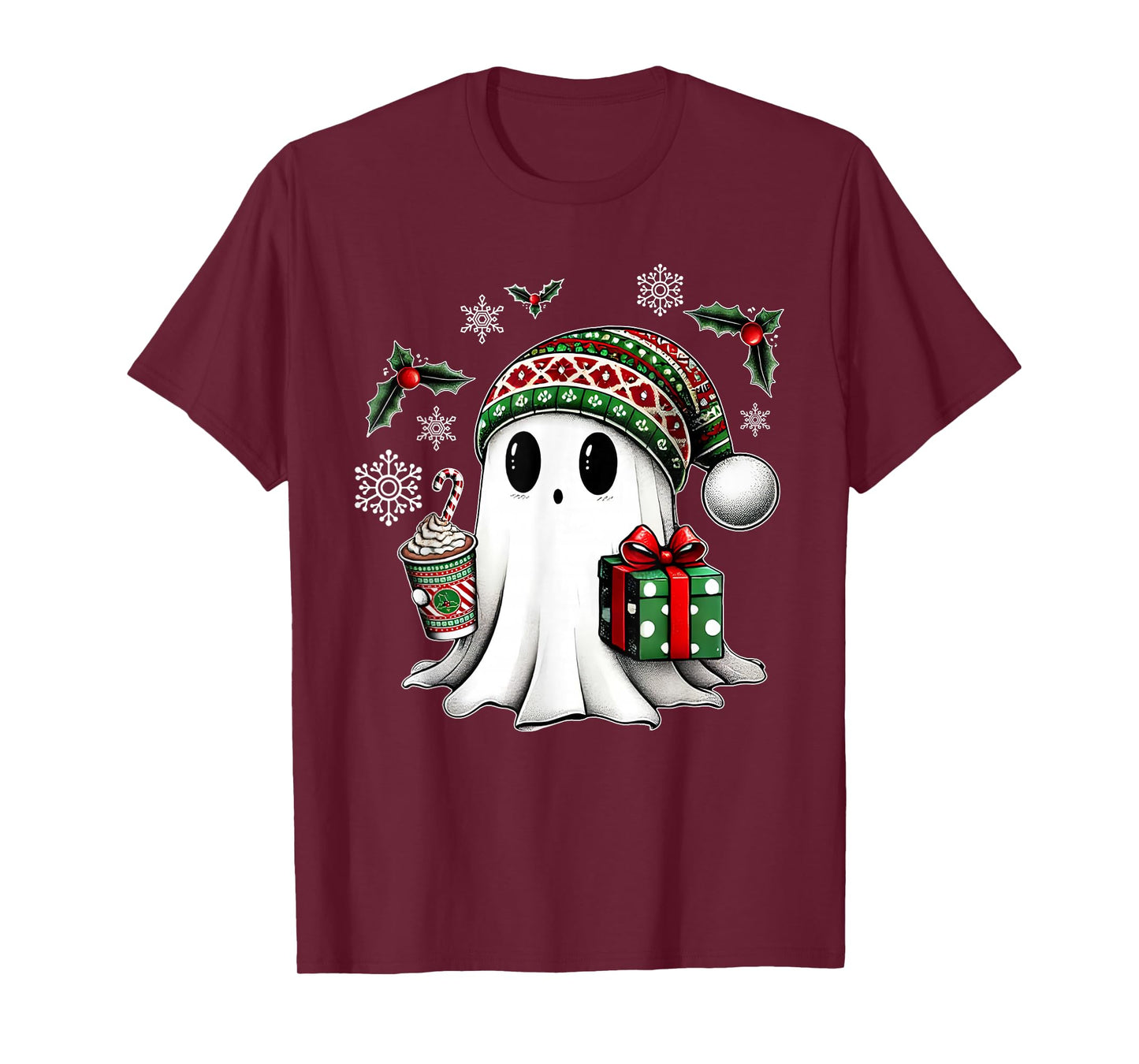 Cute Christmas Ghost Spirit with Santa Hat Coffee and Gift T-Shirt