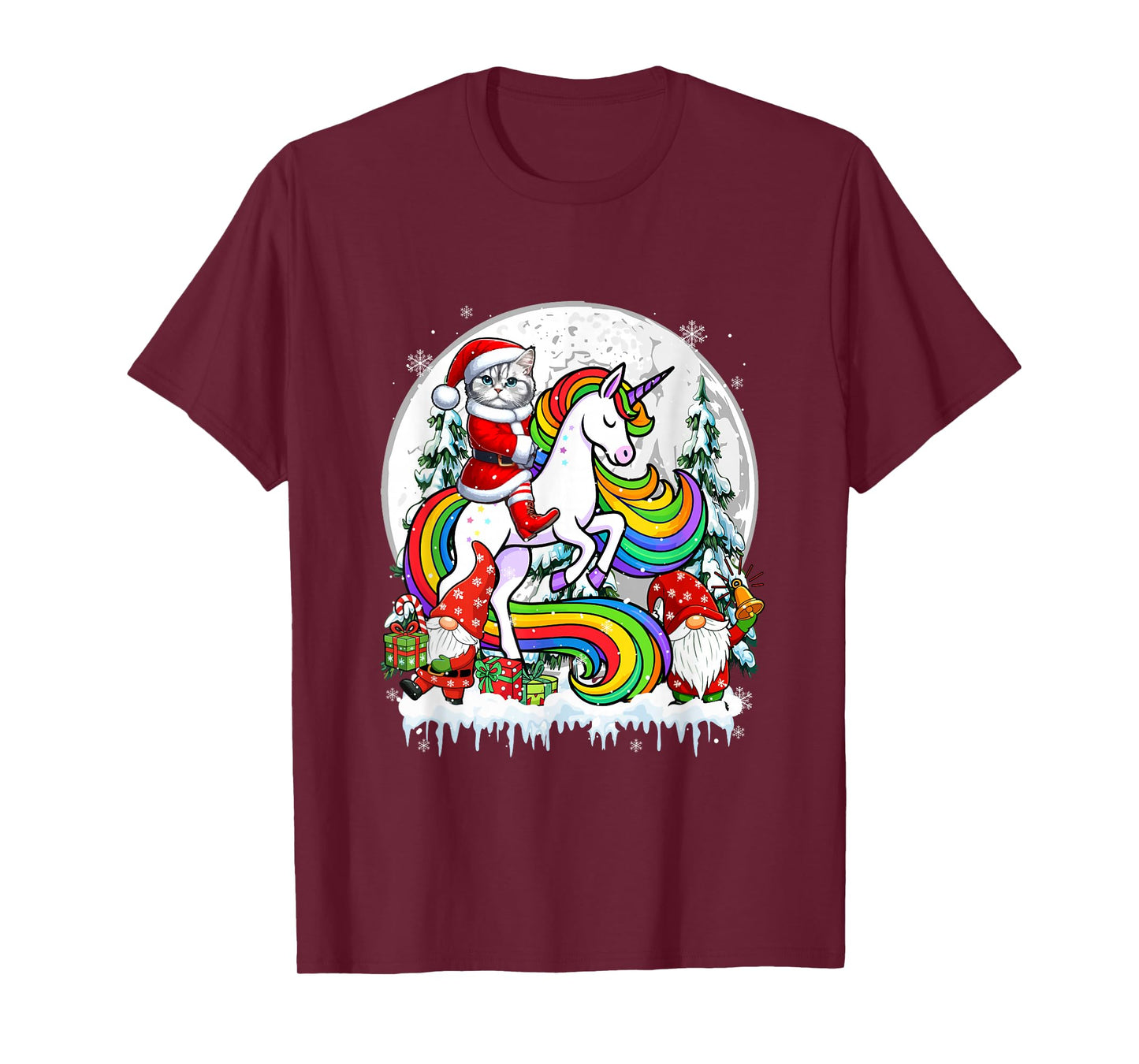 Santa Cat Riding Unicorn Gnomes Christmas Trees Family Kids T-Shirt