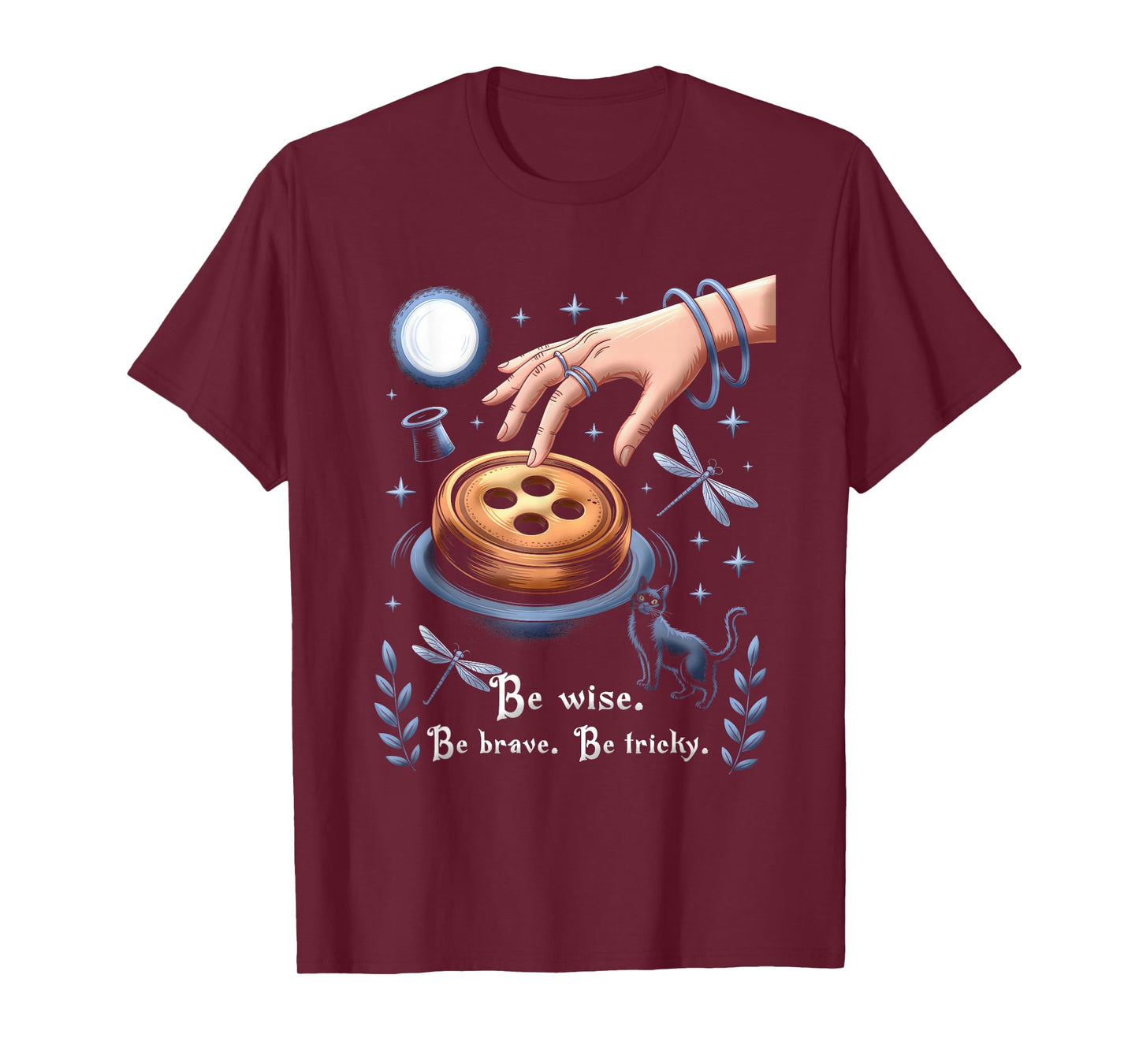 Be Wise Brave Be Tricky Halloween Witch Magic Button Cat T-Shirt