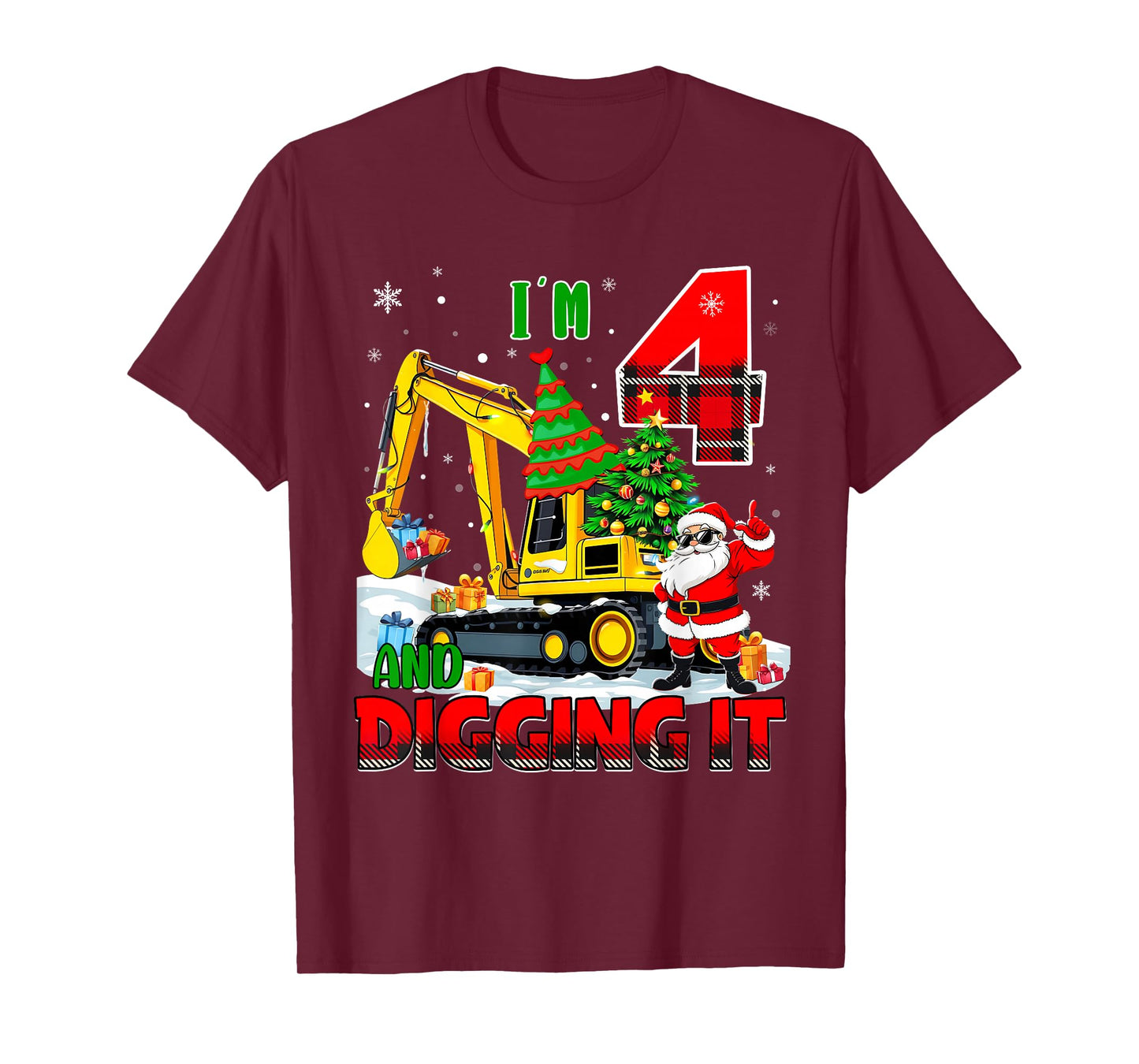 I'm 4 Construction 4th Birthday Kid Boy Xmas Excavator Santa T-Shirt