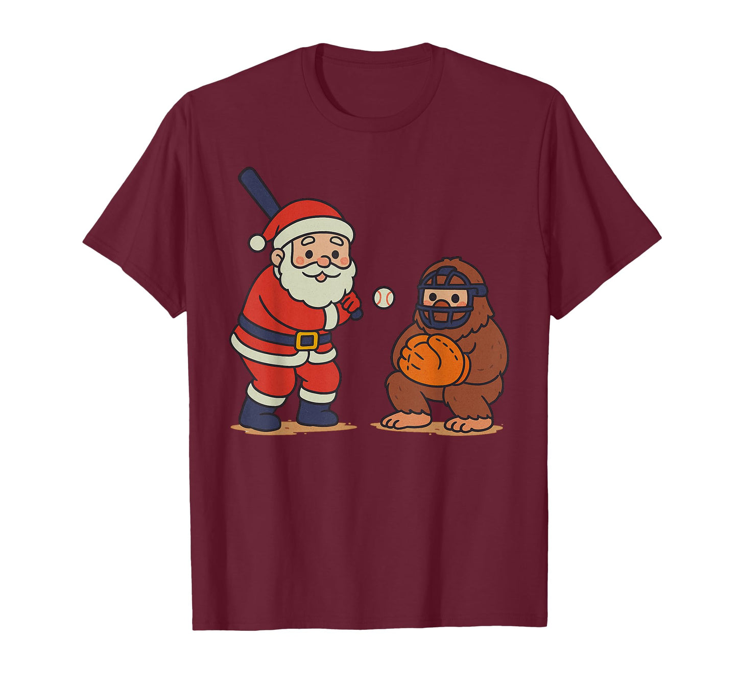 Santa Claus Sasquatch Playing Baseball Xmas Funny Christmas T-Shirt