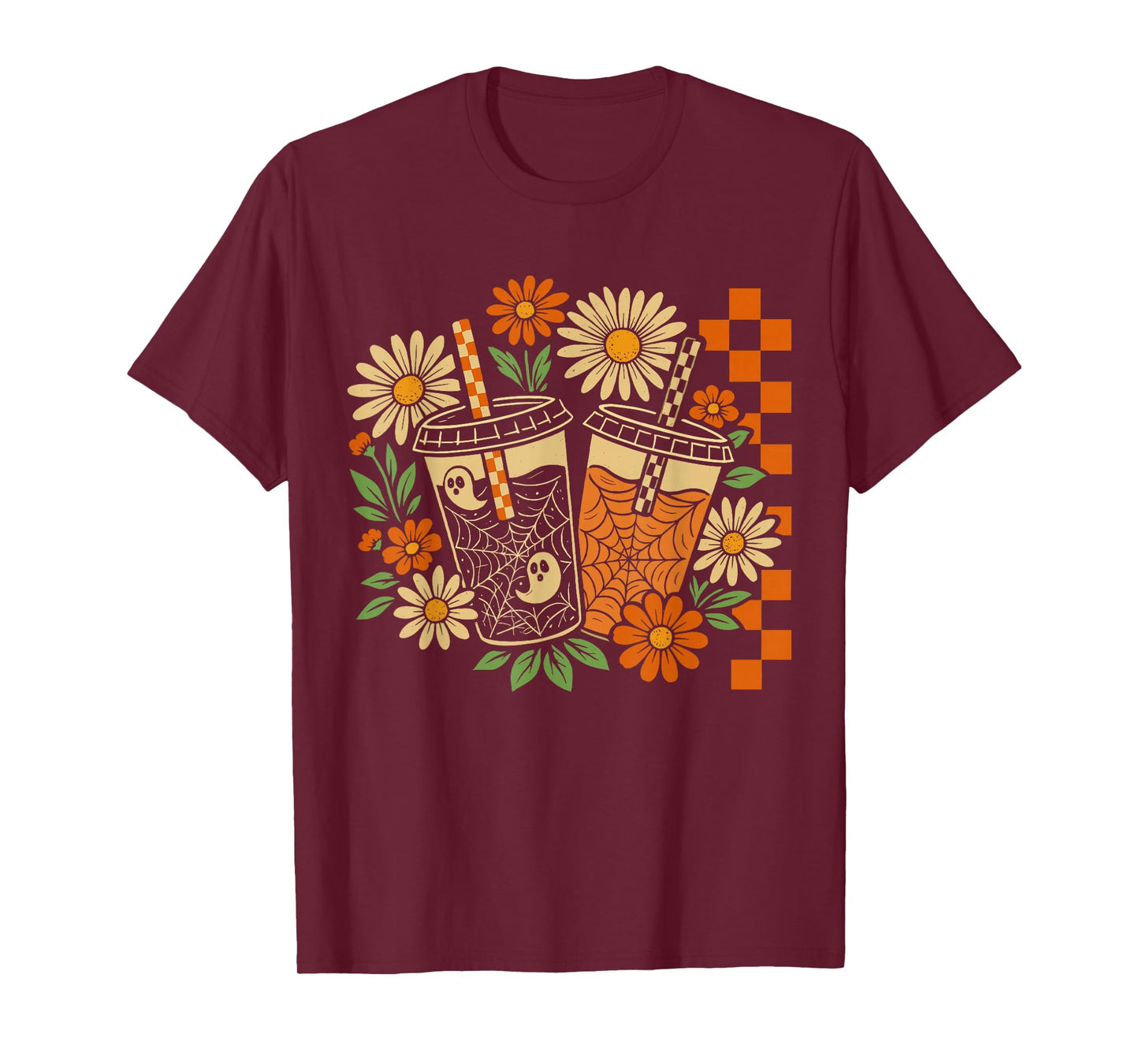 Vintage Halloween Spooky Boo Ghost Coffee Floral Checkered T-Shirt