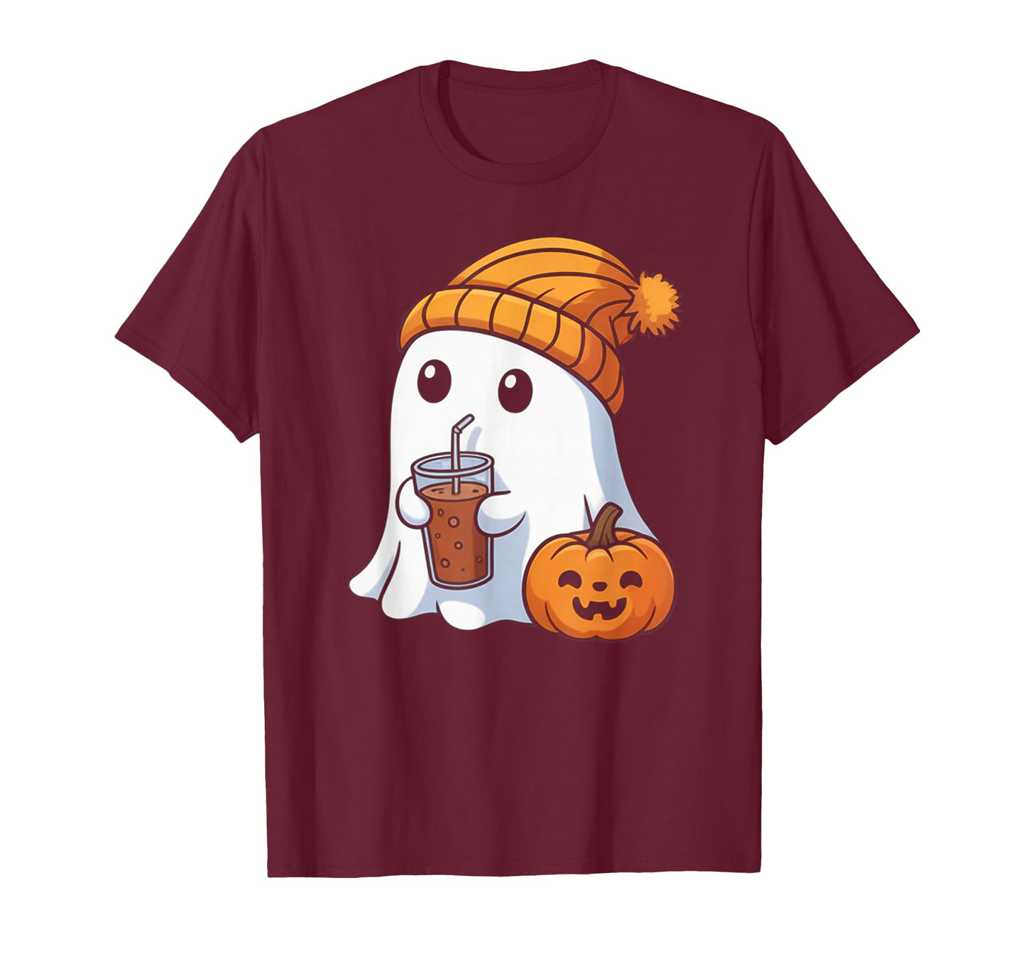 Spooky Cute Ghost Drinking Pumpkin Iced Coffee Halloween Bow T-Shirt