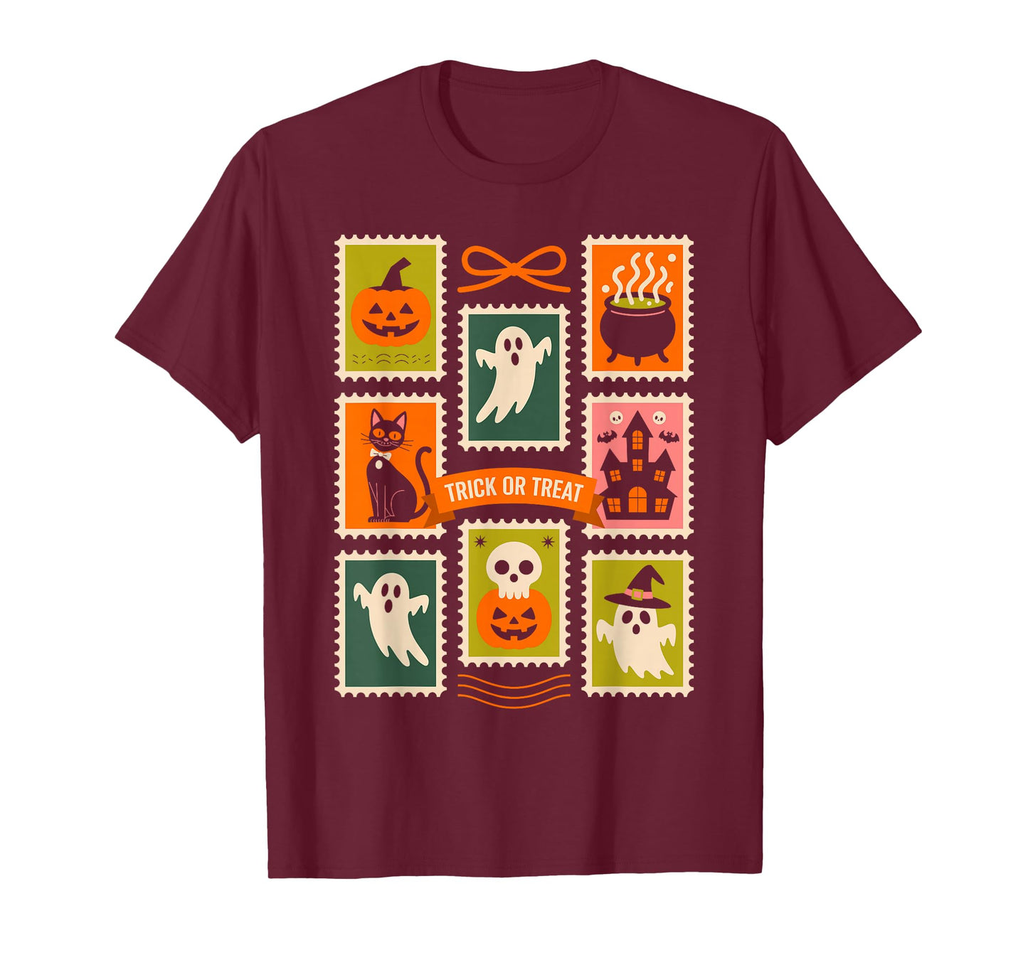 Halloween Stamps Spooky Pumpkin Ghost Cat Witch Skeleton T-Shirt