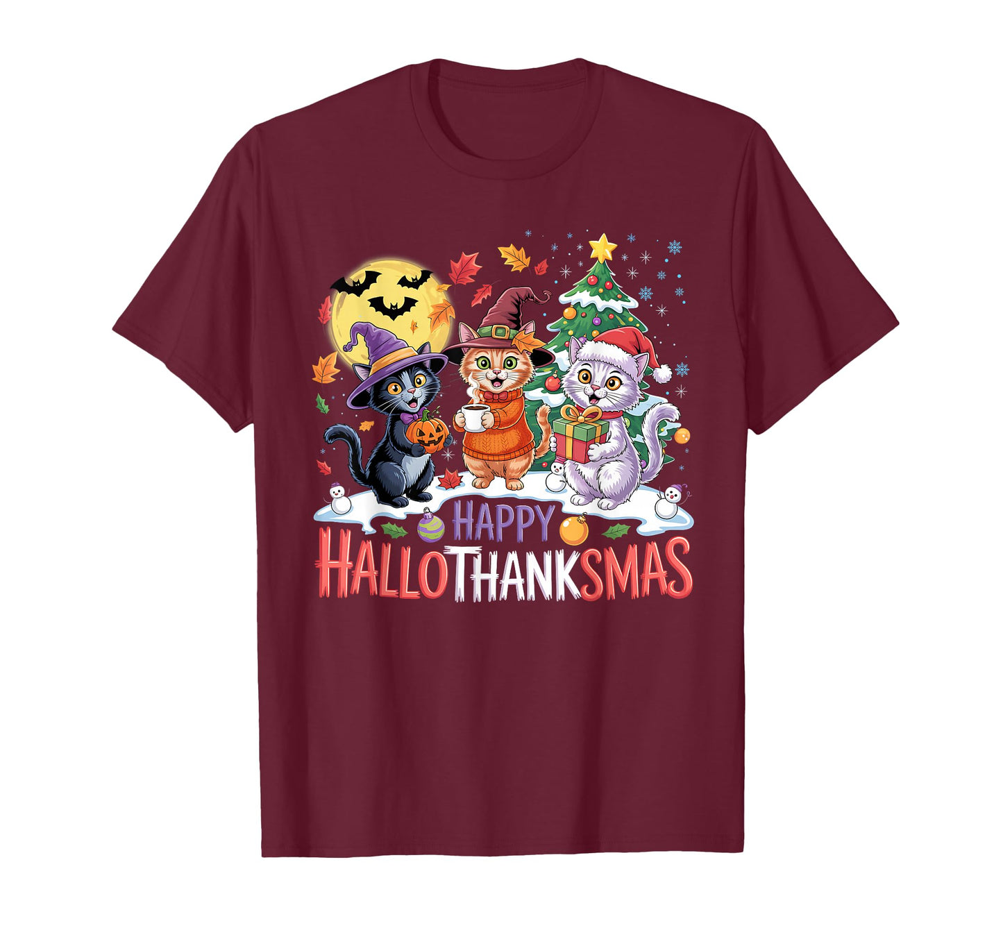 Cute Cat Halloween Christmas Thanksgiving Hallothanksmas T-Shirt