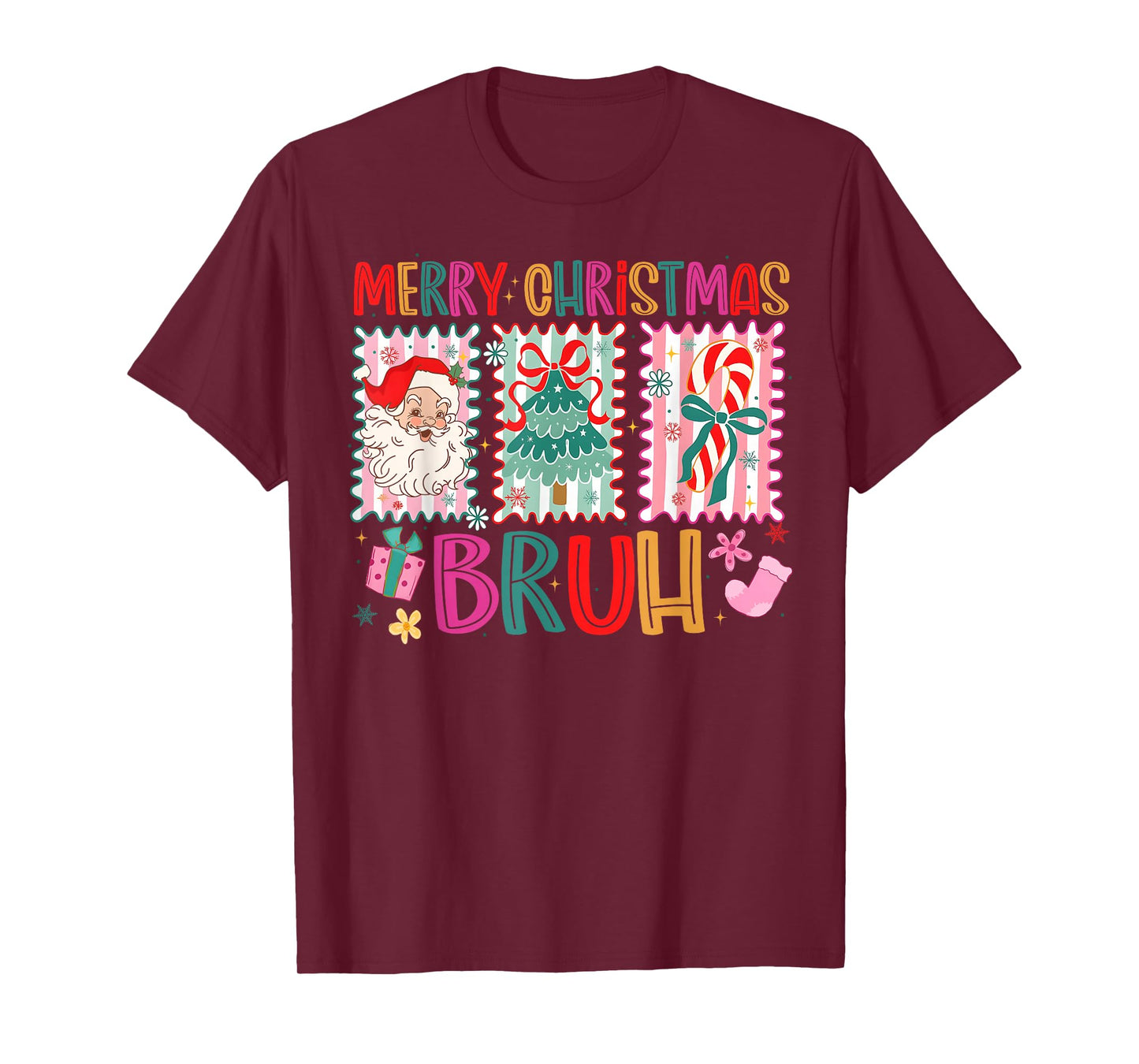 Preppy Merry Christmas Bruh Coquette Bow Santa Women Girl T-Shirt