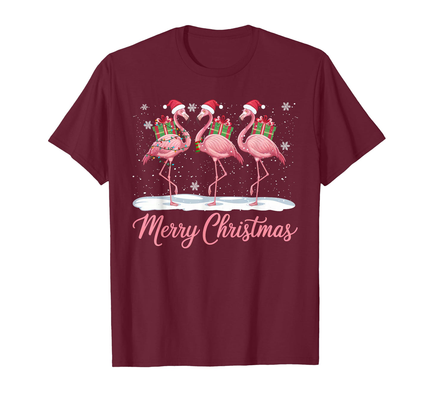 Merry Christmas Hat Santa Flamingo Light Funny Xmas Pajamas T-Shirt