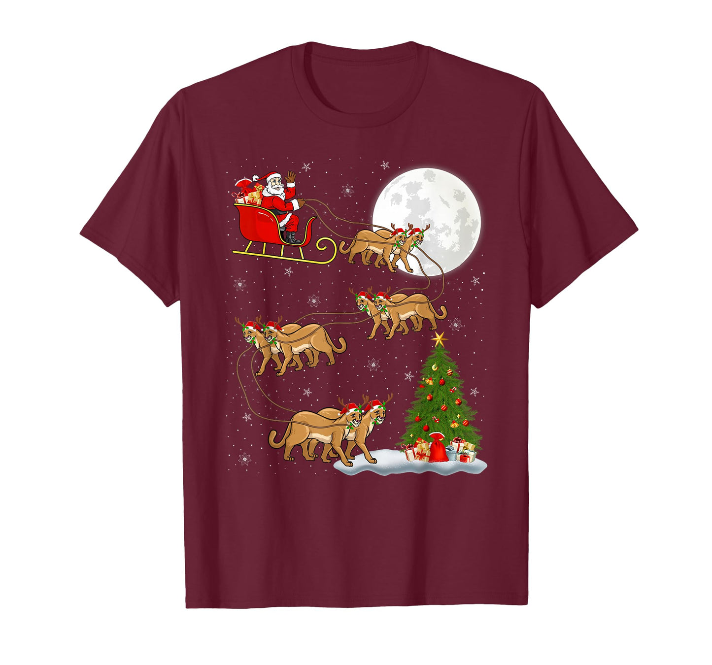 Cougar Santa Sleigh Flying Funny Magical Christmas T-Shirt