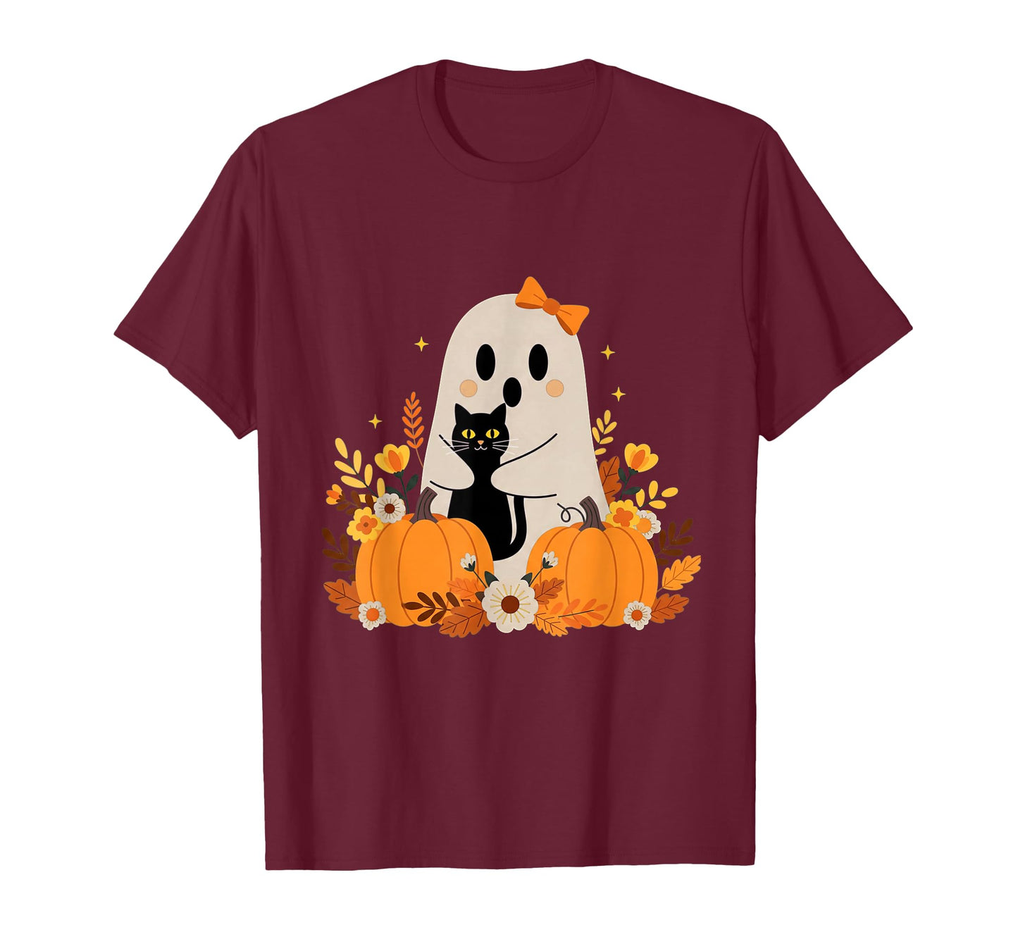 Vintage Halloween Ghost Holding Black Cat Groovy Floral T-Shirt