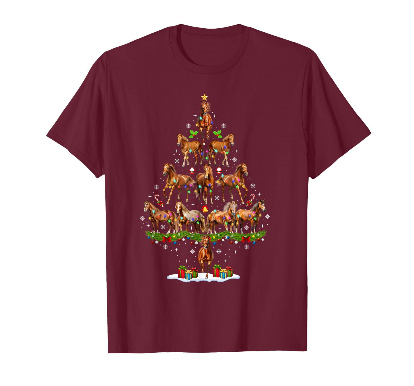 Funny Horse Christmas Tree Lights Santa Hat Xmas Pajamas T-Shirt