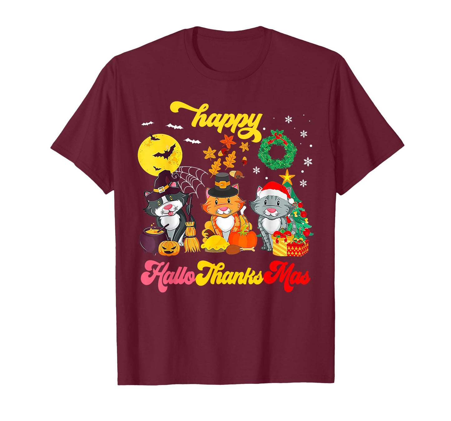 Cat Halloween Christmas Happy Hallothanksmas Thanksgiving T-Shirt