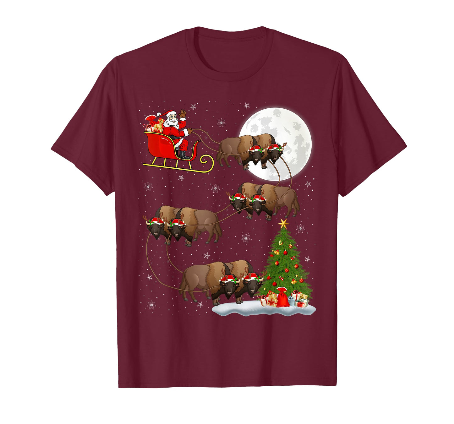 Bison Santa Sleigh Flying Funny Magical Christmas T-Shirt