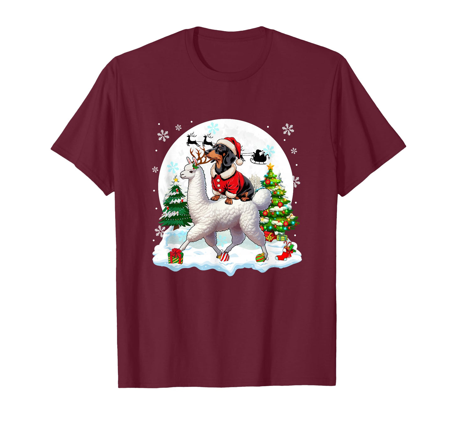 Santa Dachshund Riding Llama Reindeer Christmas Owner Kids T-Shirt