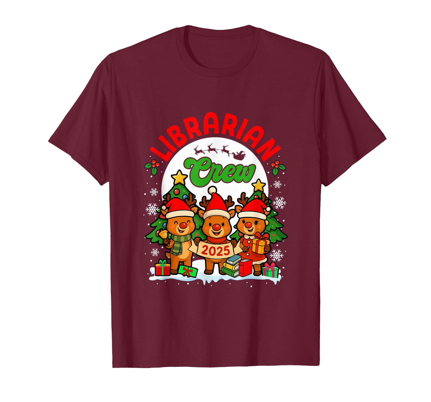 Librarian Crew 2025 Xmas Three Santa Reindeer Funny Job Team T-Shirt