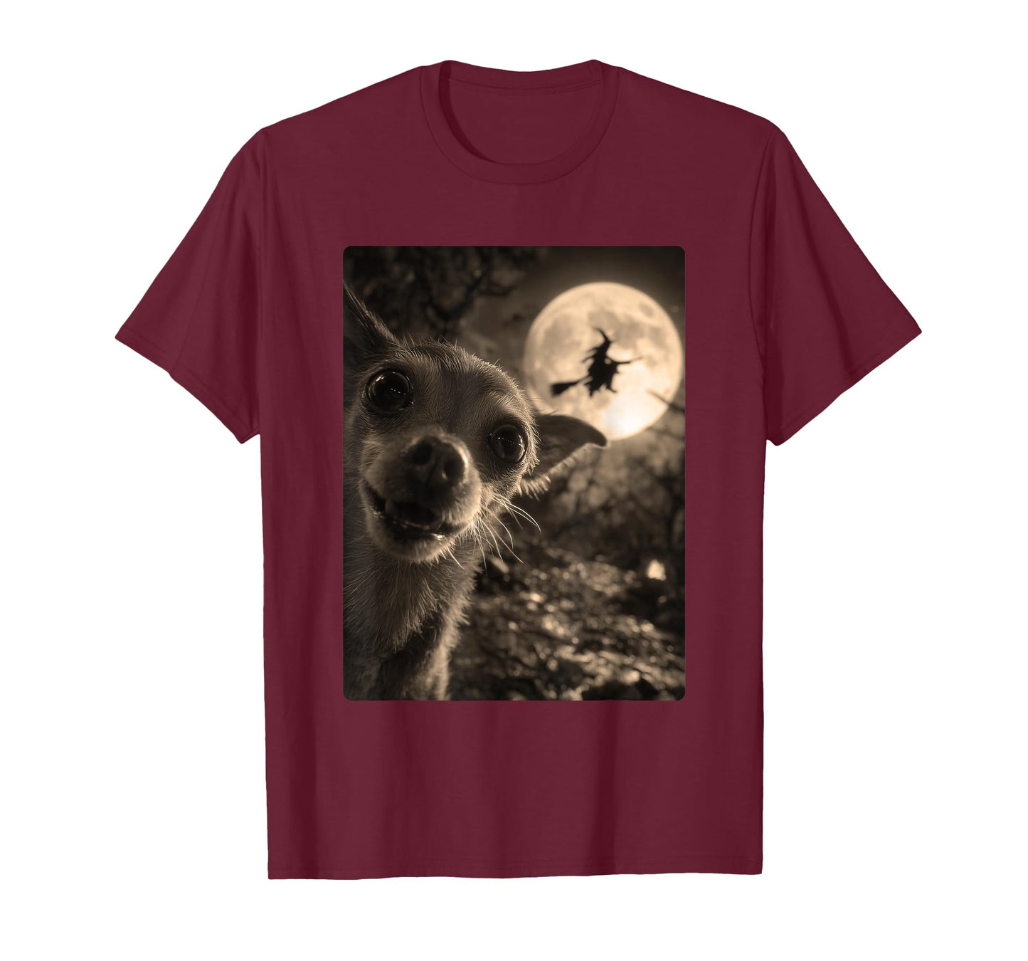Funny Chihuahua Selfie Full Moon Flying Witch Halloween Dog T-Shirt