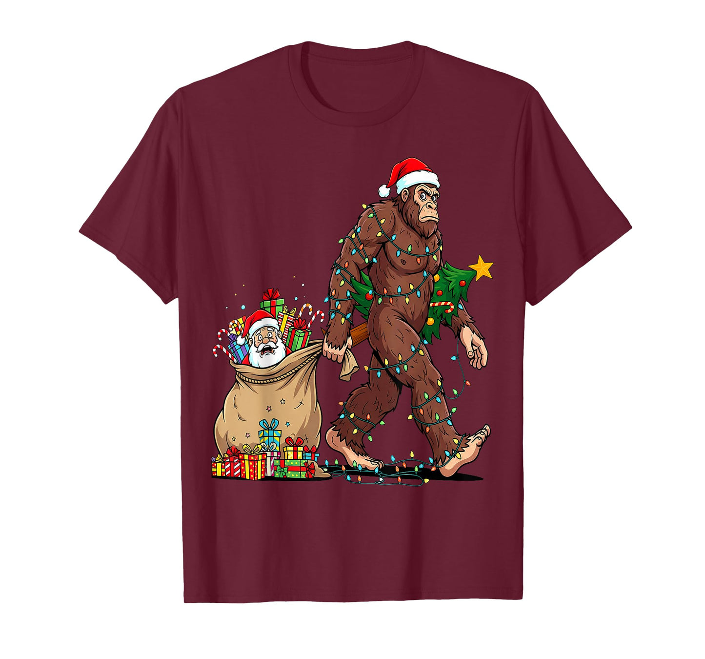 Funny Bigfoot Steals Santa & Xmas Tree - Christmas Sasquatch T-Shirt