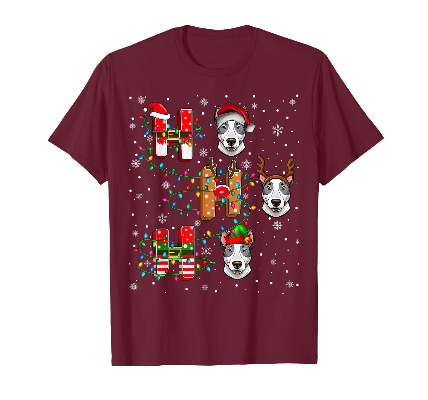 Ho Ho Santa Reindeer Hat Elf Matching Bull Terrier Dog Xmas T-Shirt