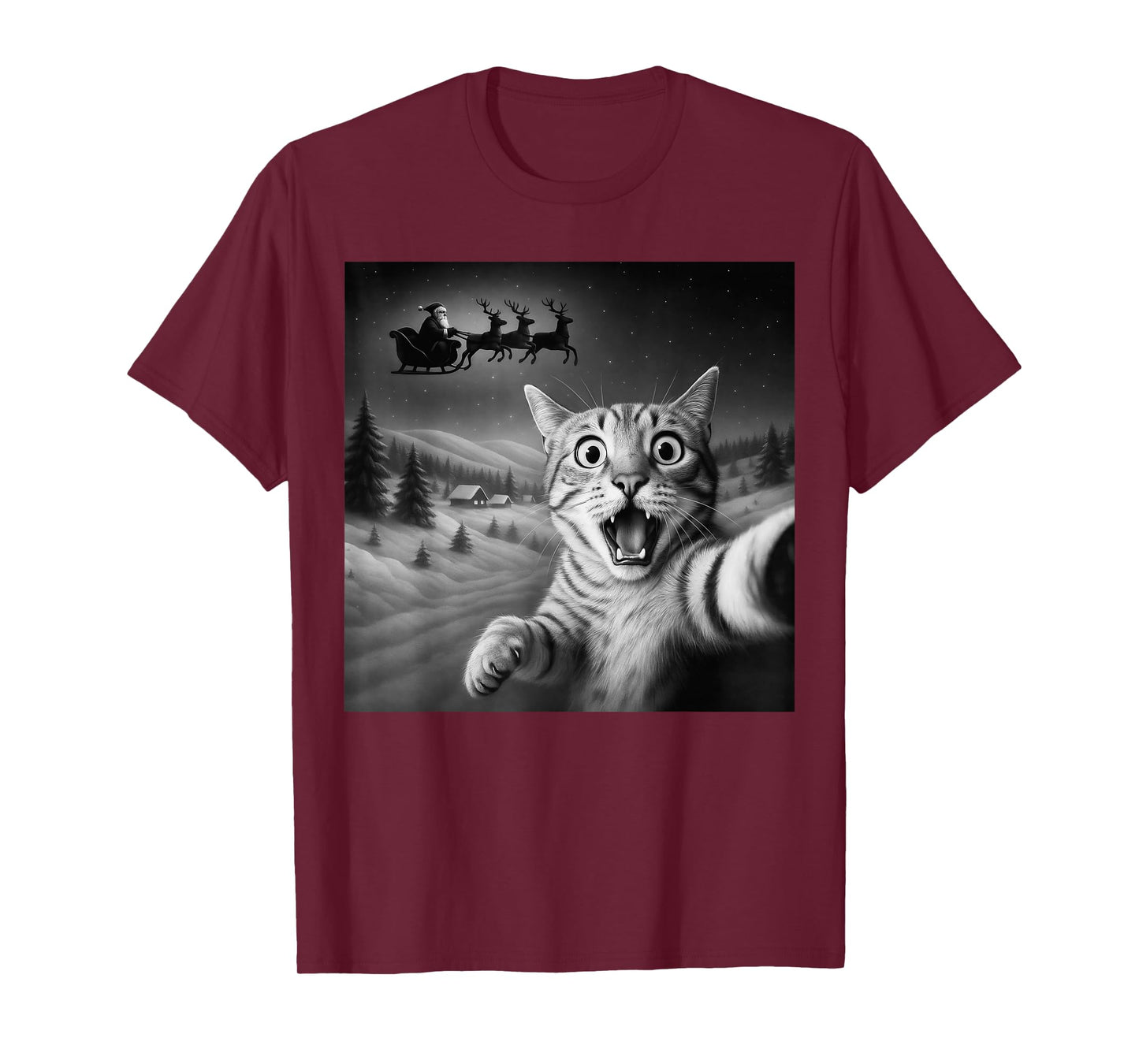 Funny Shocked Cat Selfie Santa Sleigh Christmas Night T-Shirt