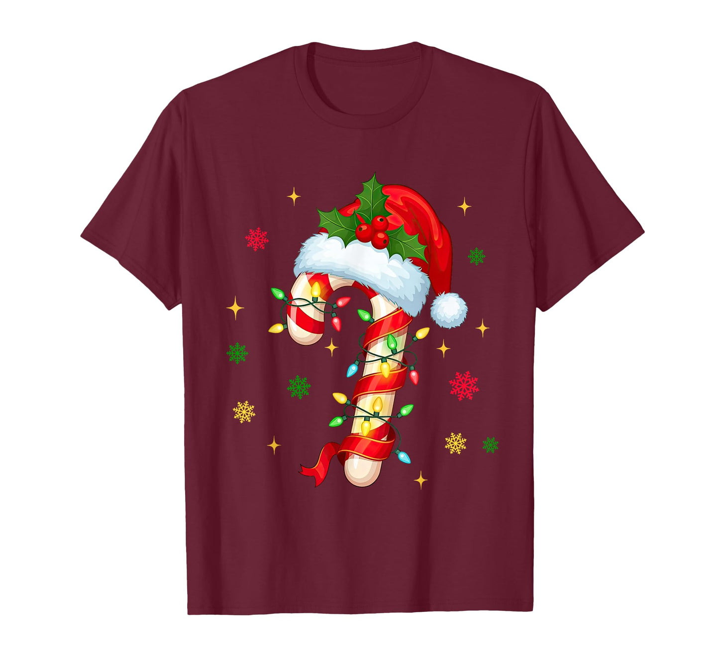 Candy Cane Christmas Lights Santa Hat Xmas Crew Women Girls T-Shirt