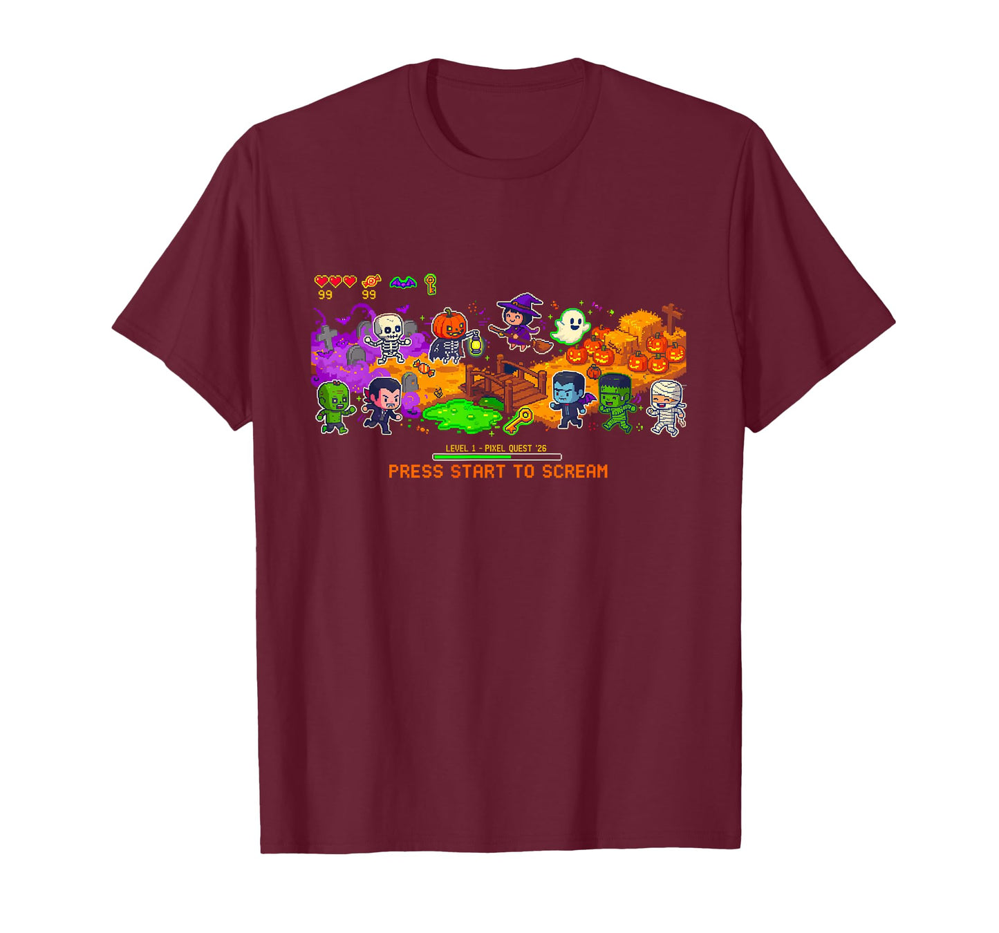 Pixel Art Gamer Ghost Witch Zombie Vampire Costume Halloween T-Shirt