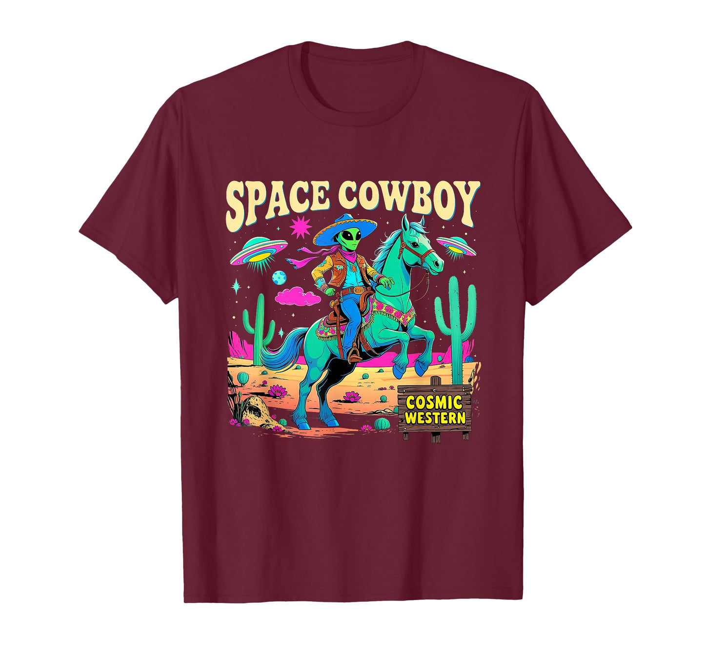 Space Cowboy Alien Riding Horse Cosmic Western Art T-Shirt