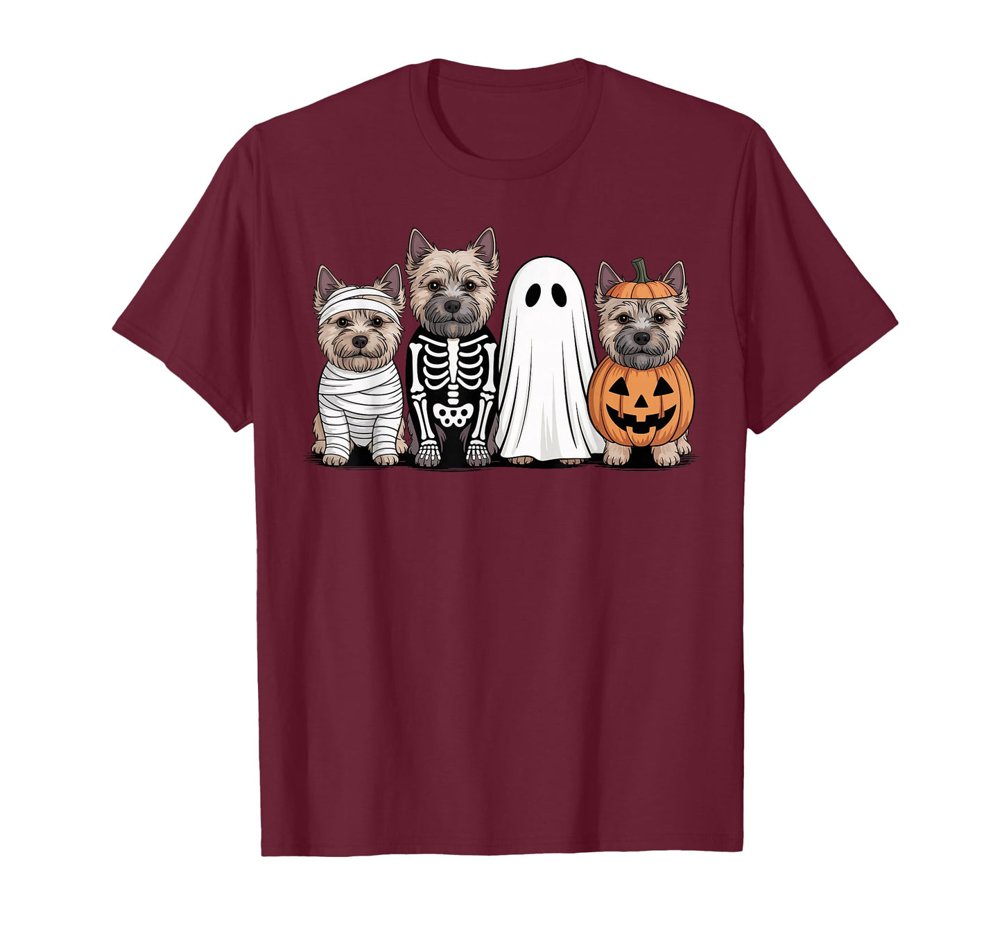 Spooky Ghost Cairn Terrier Pumpkin Halloween Dog Skeleton T-Shirt