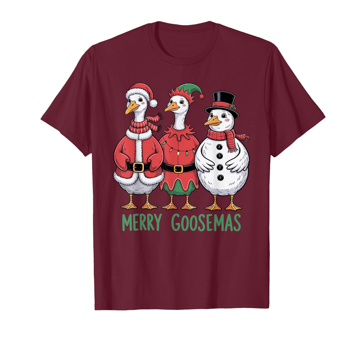 Merry Goosmas Christmas Goose Trio Elf Santa Snowman T-Shirt
