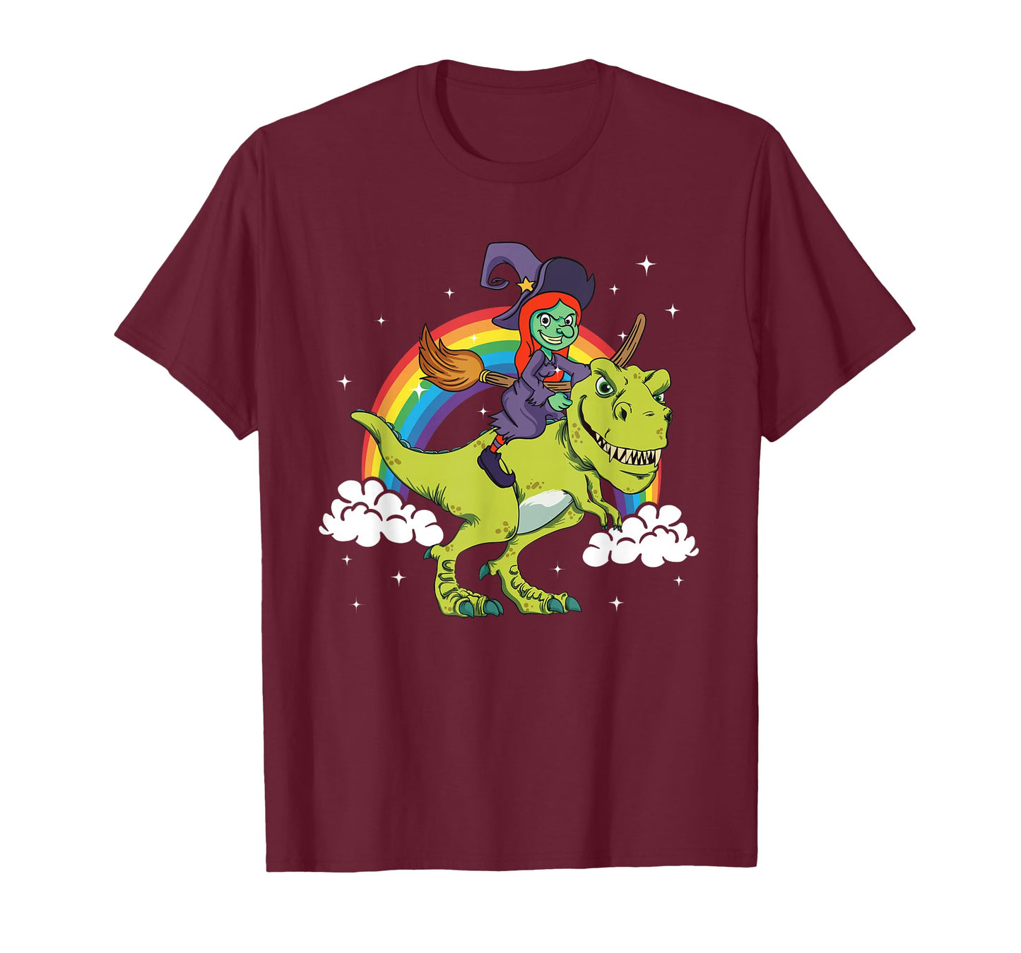 Witch Halloween Dinosaur Tyrannosaurus T-Rex Rainbow Cloud T-Shirt
