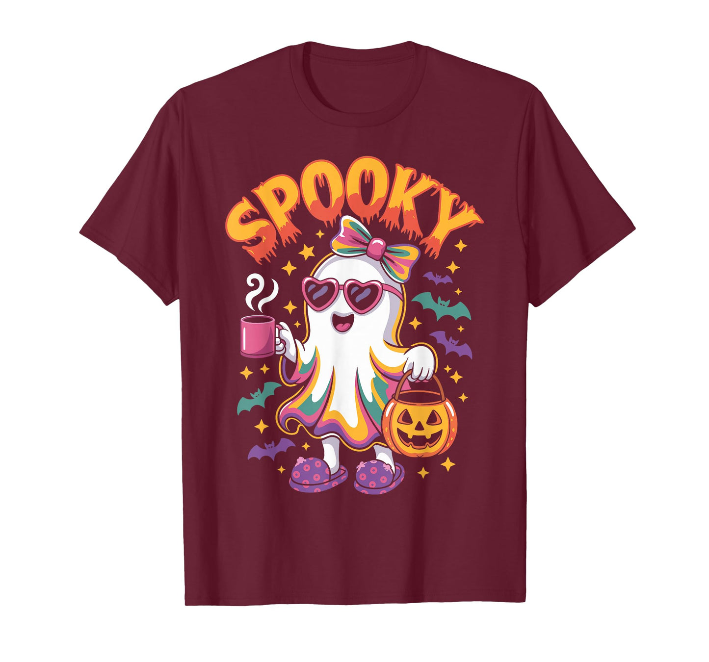 Spooky Halloween Ghost Colorful Coquette Bow Girl Women T-Shirt