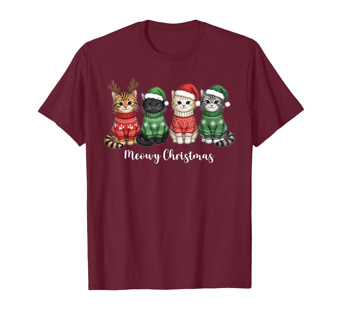Meowy Christmas Cat Ugly Christmas Cat Reindeer Santa Xmas T-Shirt