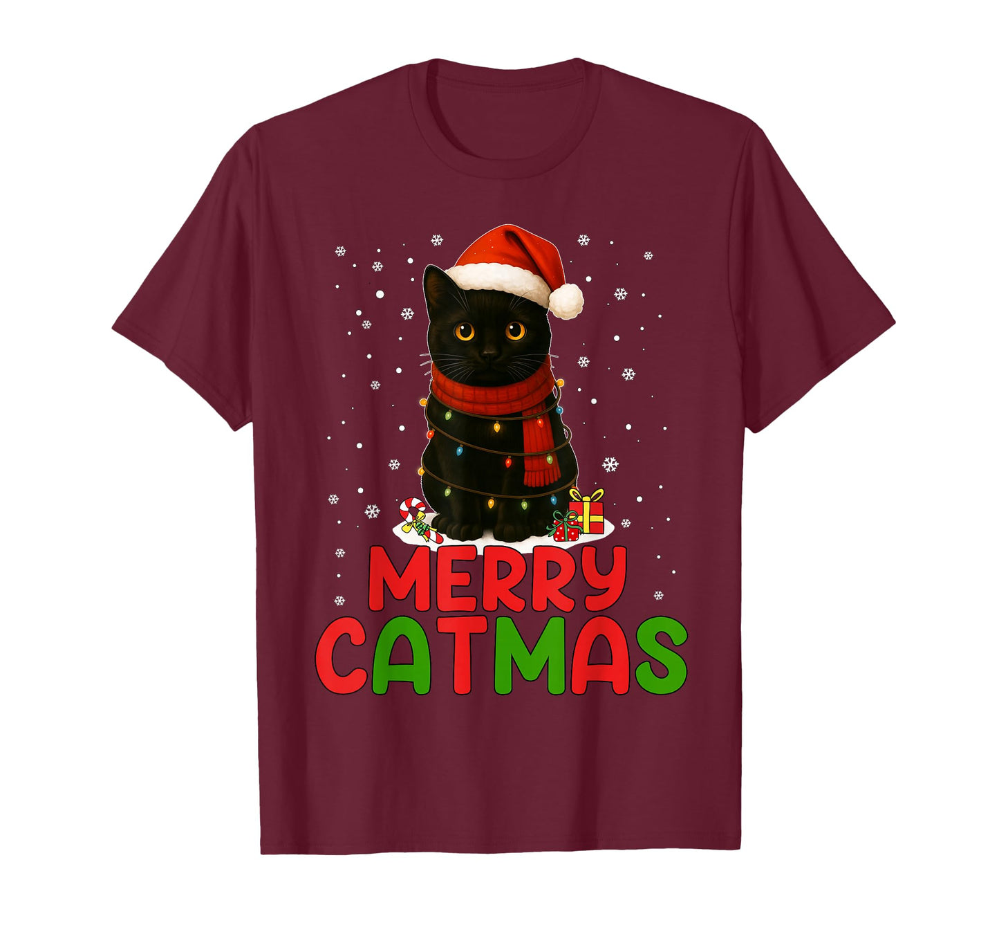 Merry Catmas Santa Hat Funny Black Cat Christmas Women Kids T-Shirt