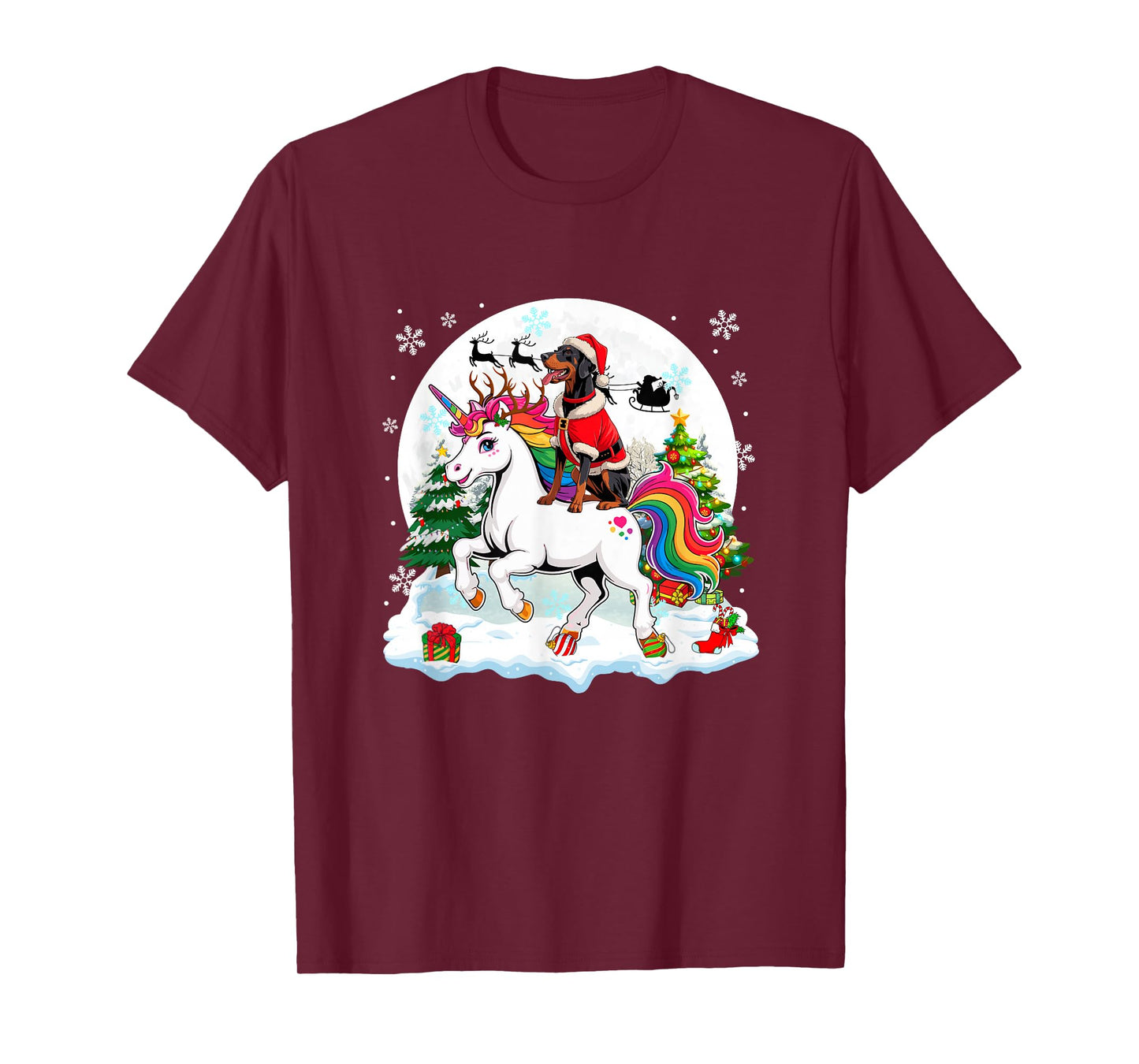 Santa Dobermann Riding Unicorn Reindeer Christmas Owner Kids T-Shirt