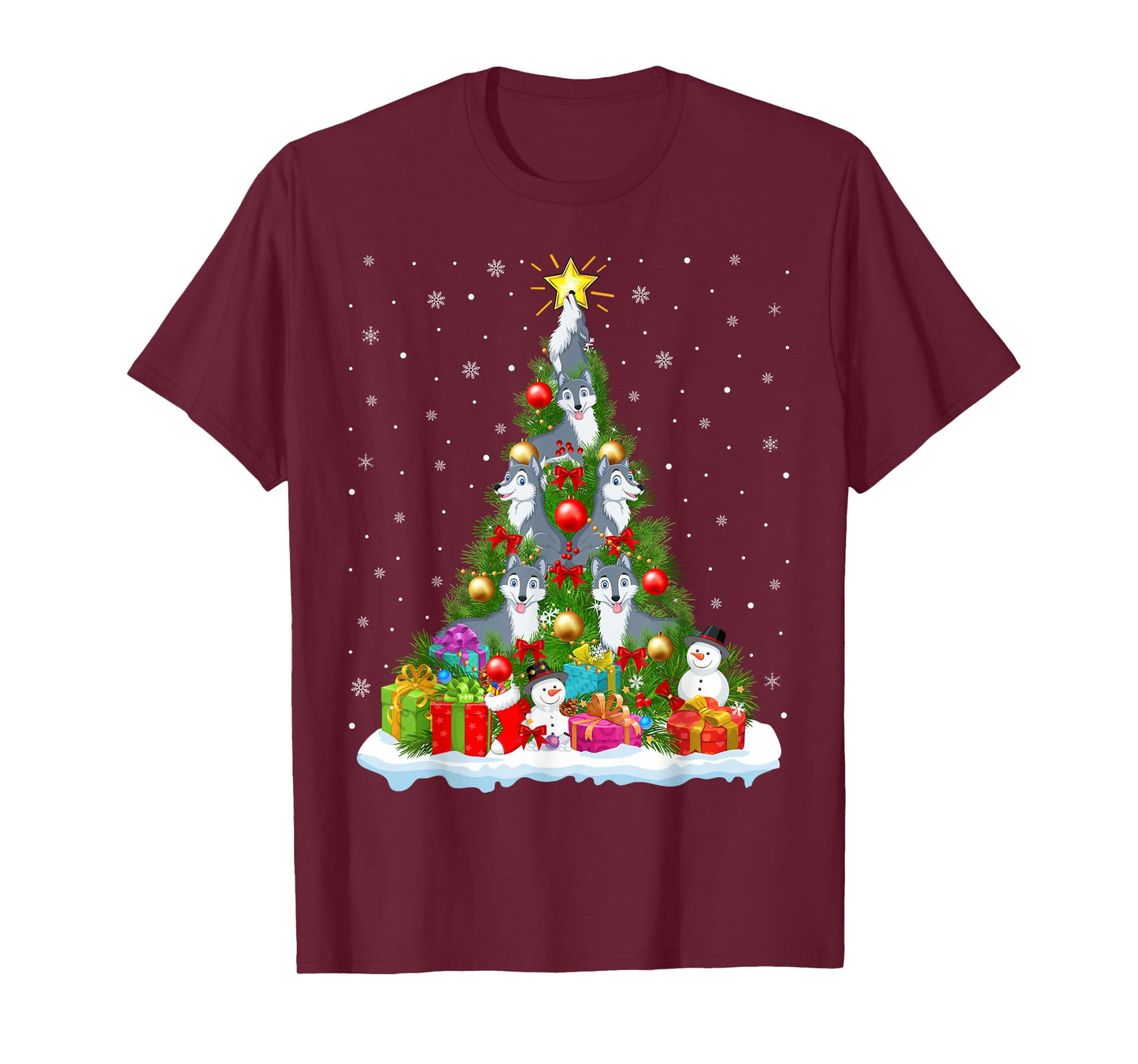 Cute Wolf Christmas Tree Holiday Decor Funny Xmas Lights T-Shirt