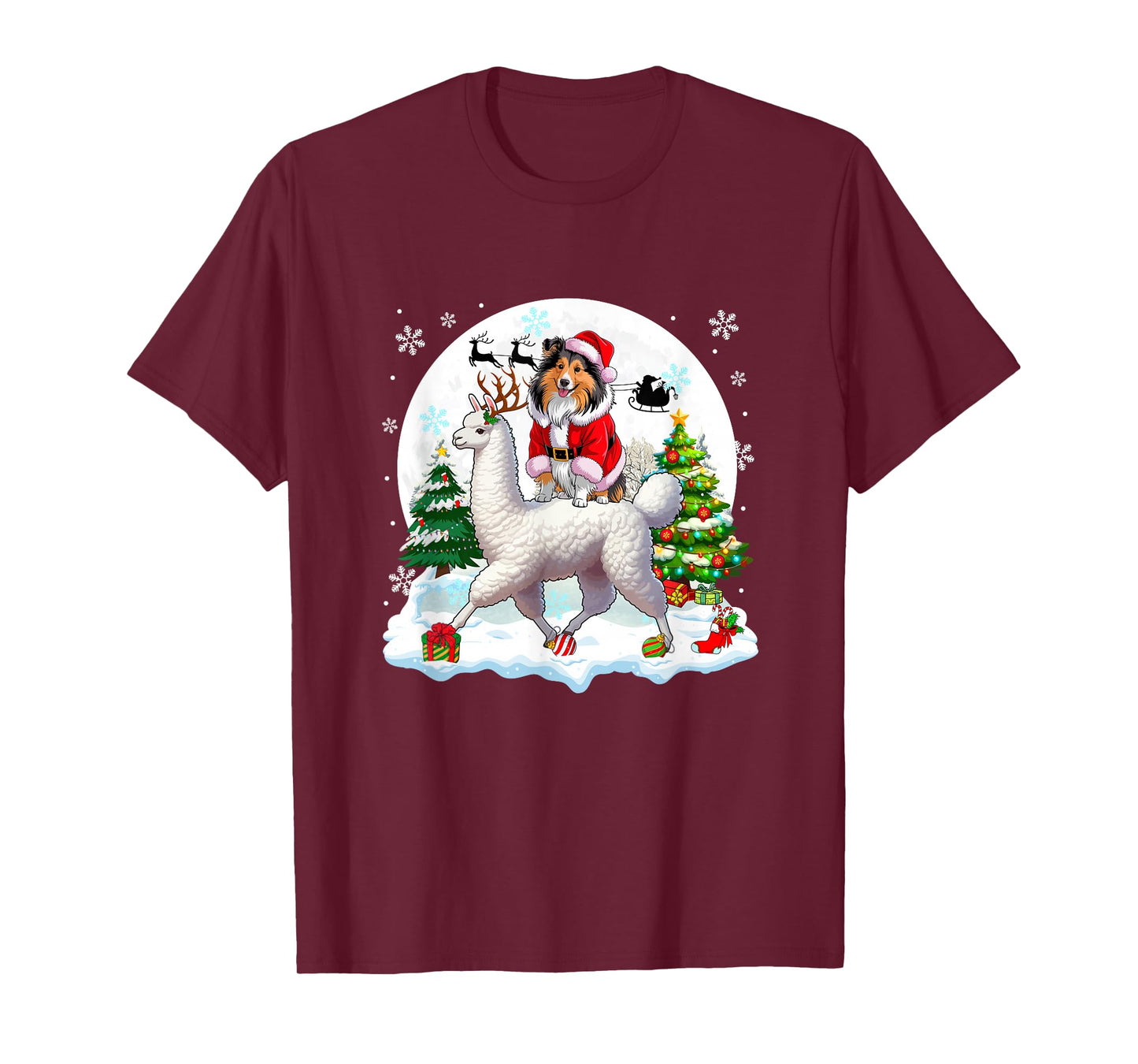 Santa Sheltie Riding Llama Reindeer Christmas Owner Kids T-Shirt