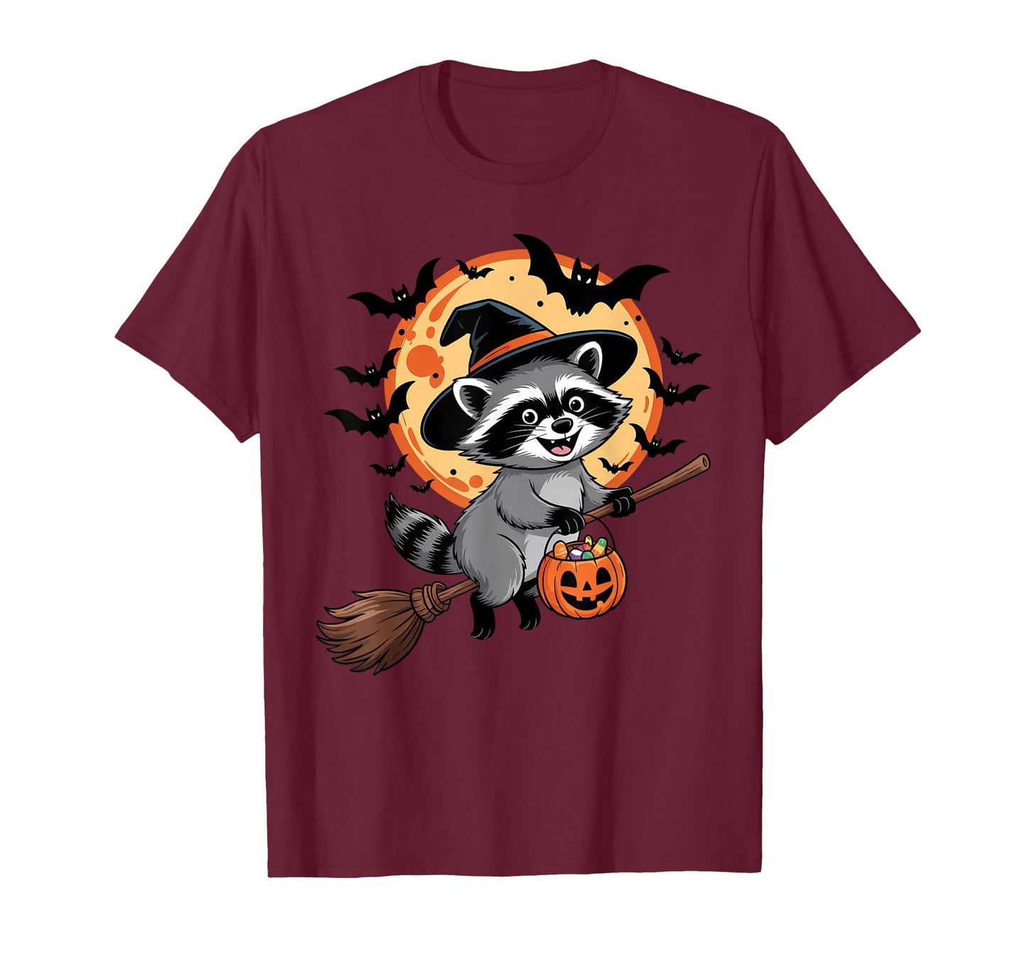 Halloween Raccoon Witch Hat and Broom Pumpkin Candy Bucket T-Shirt