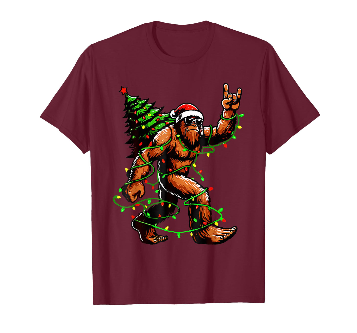 Bigfoot Santa Christmas Tree Lights Funny Xmas Sasquatch T-Shirt