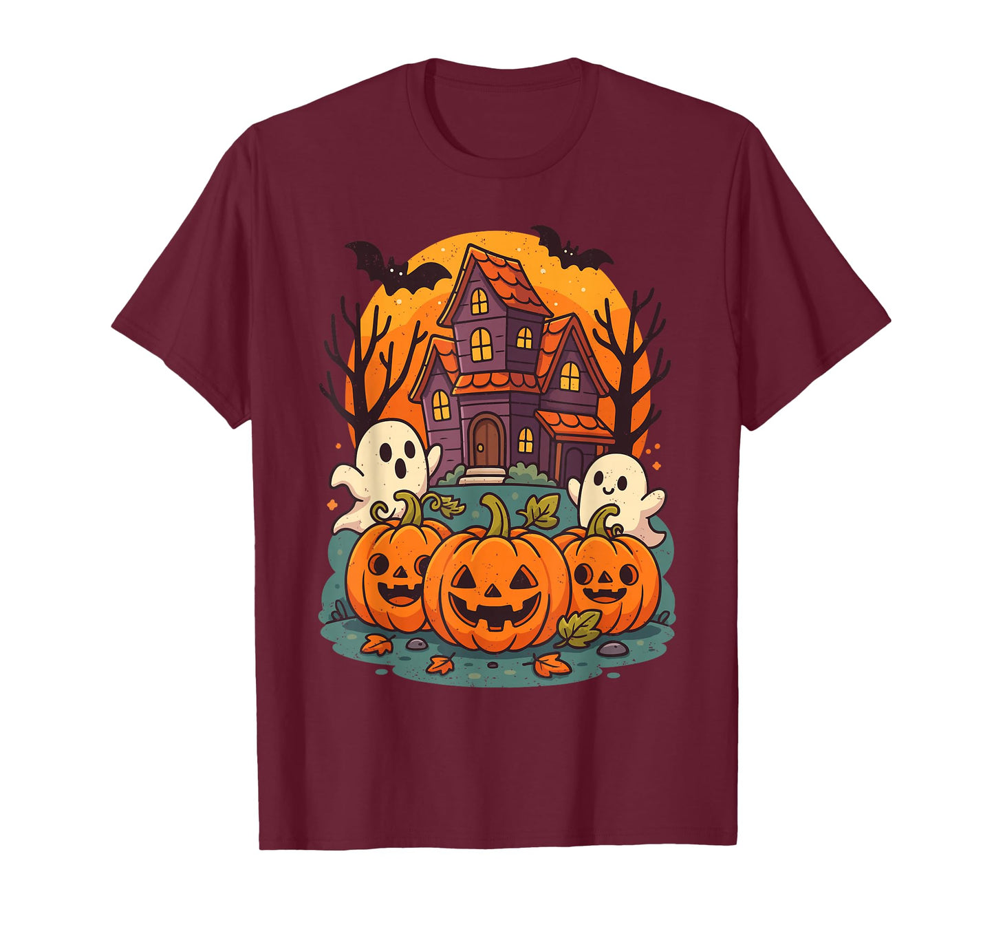 Haunted House Ghost Pumpkin Halloween Jack O Lantern Bats T-Shirt
