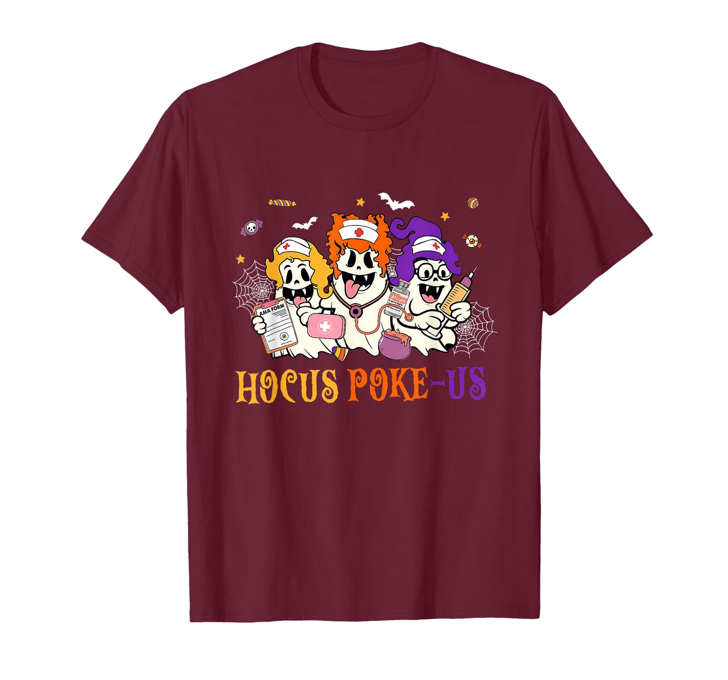 Retro Funny Hocus Poke Us Spooky Nurse Halloween Ghost T-Shirt