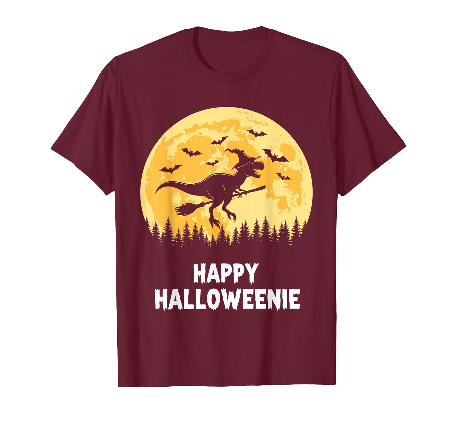 Happy Halloweenie Funny Dinosaur T Rex Flying Witch T-Shirt